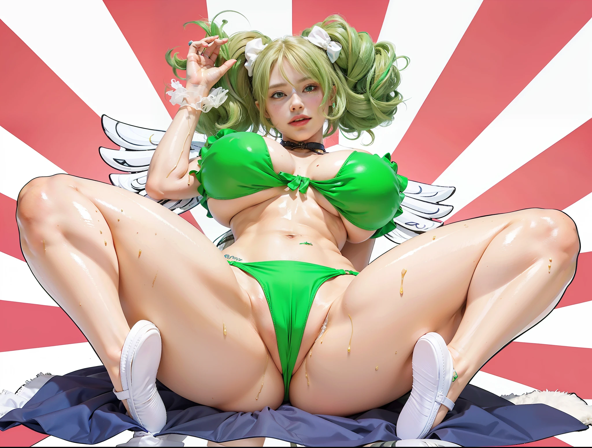 (female:1.2) (bodybuilder:0.8), hyper realistic, masterpiece, photorealistic, real skin, detailed face, detailed skin, detailed lighting, 1girl, (green eyes), long hair, curly hair, green hair, (yellow gradient hair) , half hair, multiple colour hair, hair bow, large breasts, cleavage, midriff, navel, thigh, smile, ahegao face, blushing, green bikini, wet body, seductive pose