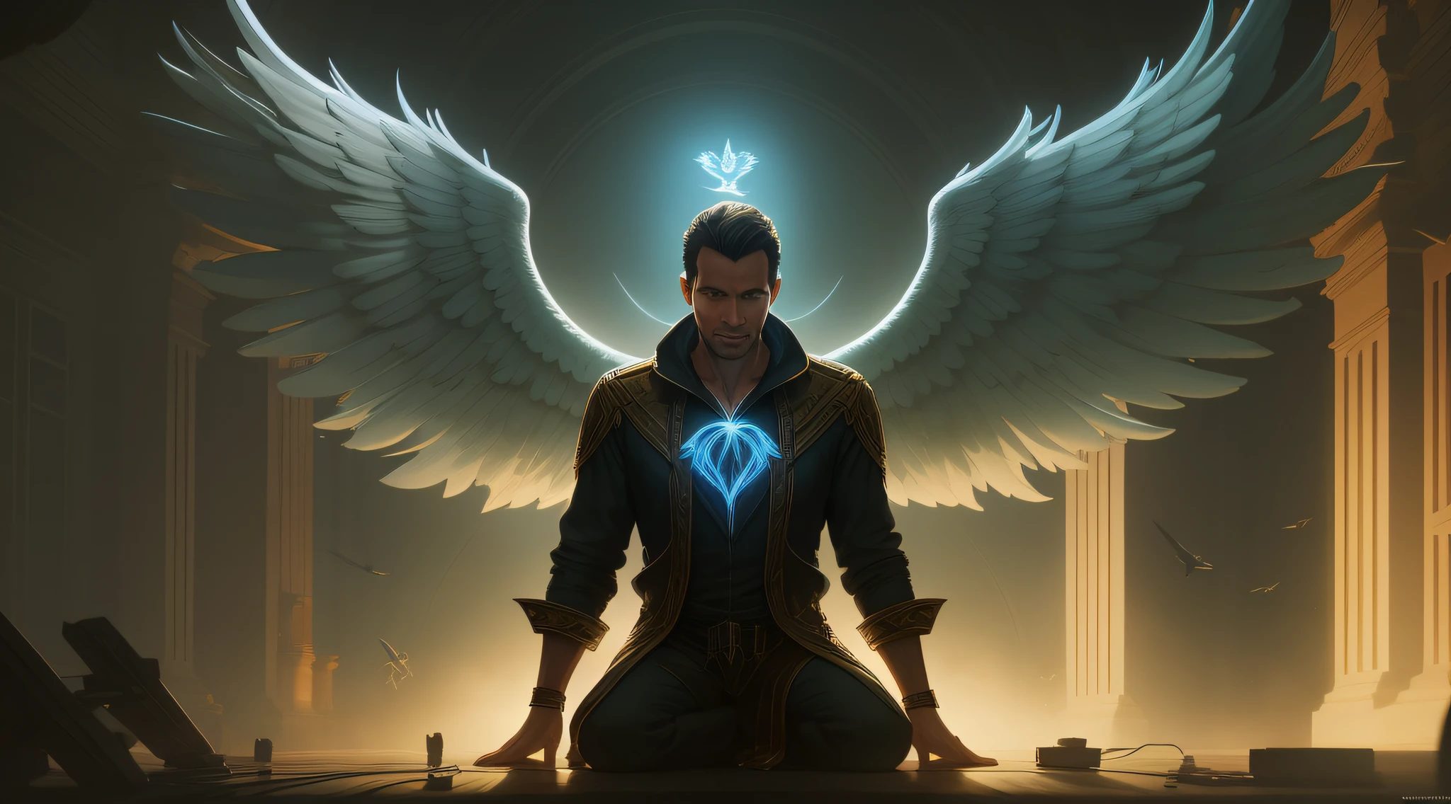 arafed image of a man with angel wings in a dark room, by Alexander Kucharsky, angels protecting a praying man, tomasz alen kopera and cgsociety, by Anton Fadeev, guillem h. pongiluppi, anton fadeev 8 k, beeple and mike winkelmann, cinematic beeple, beeple masterpiece