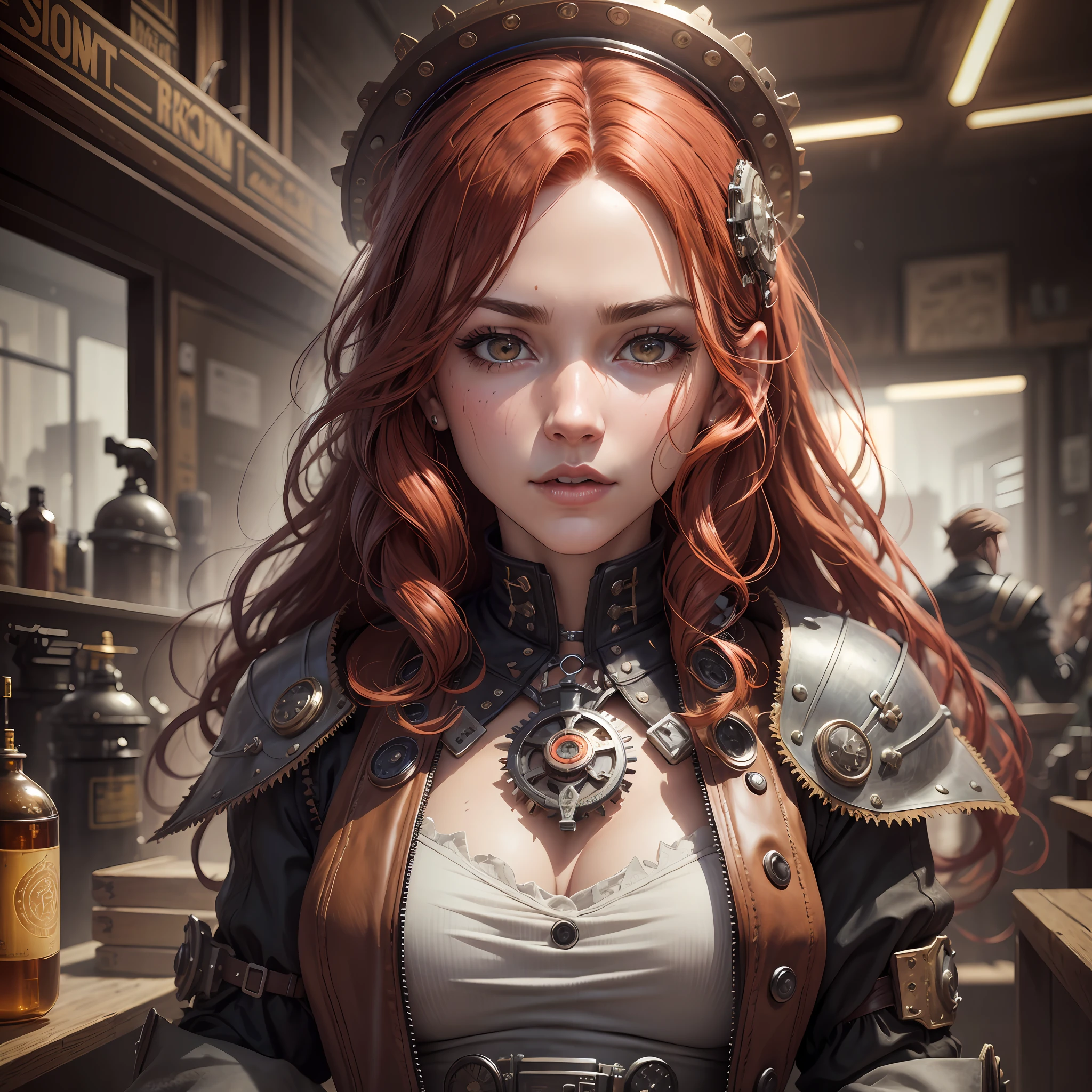 most beautiful and beautiful image in the world, much more vivid colors, ultra HDR color, scenery, mega detailed, (absurdres, highres, ultra detailed), 1woman, mature female, , wavy long red hair, split dark red colored hair, heterochromia, bangs, long sleeves, finely detailed eyes and detailed face, extremely detailed CG unit 8k wallpaper, intricate details, (style-rustmagic: 0.8),  portrait, (bloody wounds:0.7), looking at the viewer, solo, half shot, detailed background, (steampunk theme:1.1) determined expression, dark technomancer couds, floating lights, colorful leather vest with gears, techwear, jetpack, workshop in the background, machines, gears, steam, industry, technology, oven, dirt, anvil, buttons, levers, automaton, electricity, electric sparks epic atmosphere,, portrait --auto --s2
