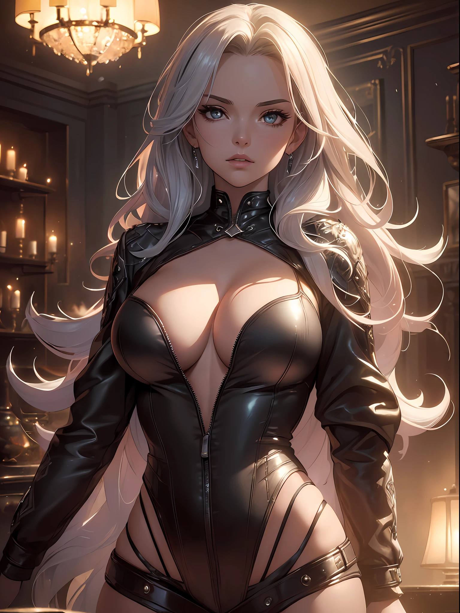 (photorealistic:1.3), ultra detailed, beautiful and aesthetic, masterpiece, best quality, lifelike rendering, moody lighting, 1girl,solo, silver-red leather jacket, breasts, cleavage, (glowing ambiance, attractive beauty, enchanting radiance, luminous lighting, ethereal atmosphere, mesmerizing glow, evocative hues, captivating coloration, dramatic lighting, enchanting aura)