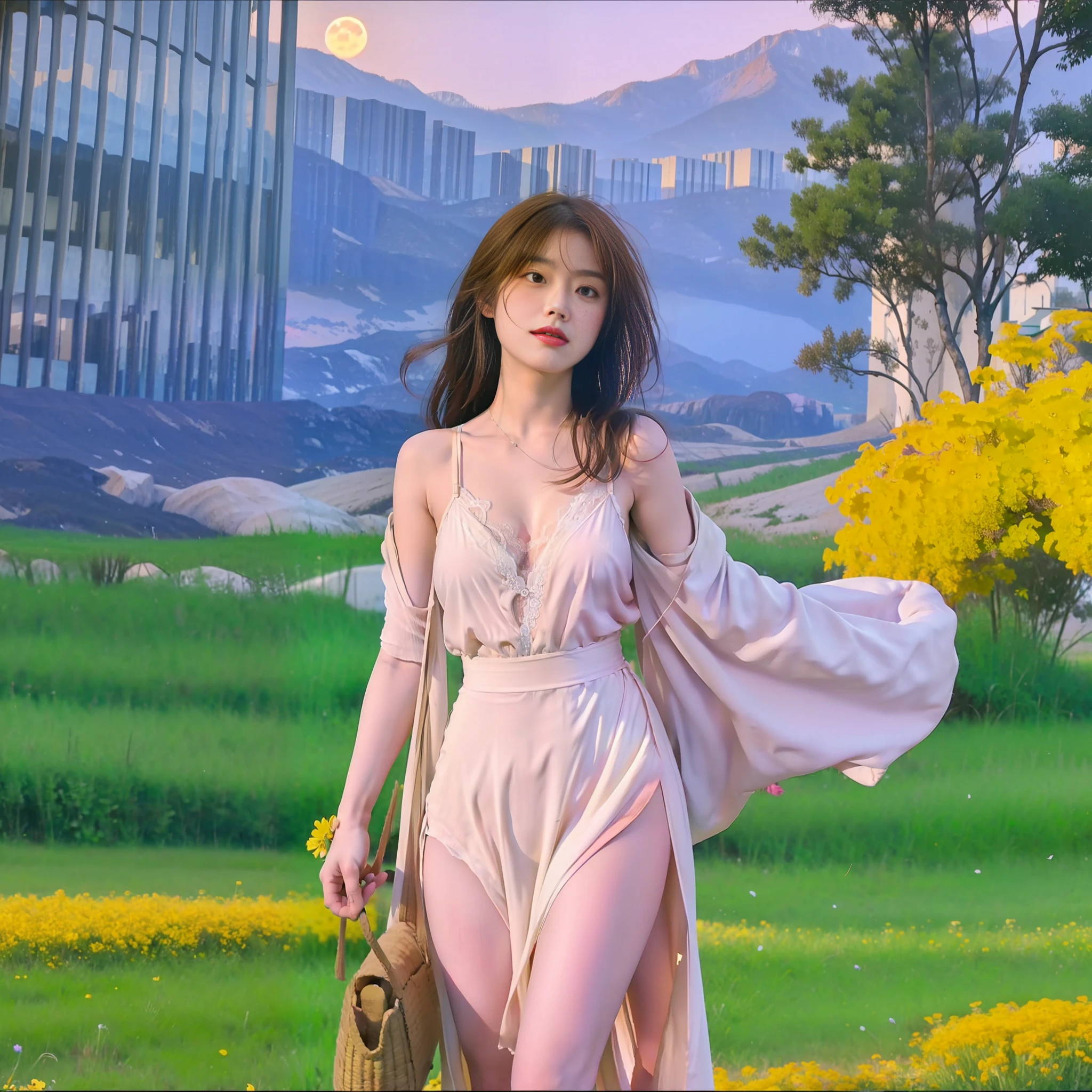 Photos of vast landscapes, (from below, sky above, open fields below), a girl standing on a flower field looking up, (Full Moon: 1.2), (Meteor: 0.9), (Nebula: 1.3), Distant Mountains, Trees BREAK Making Art, (Warm Light Source: 1.2), (Firefly: 1.2), Lamps, Intricate Details, Volume Lighting BREAK (Masterpiece: 1.2), (Best Quality), 4k, Ultra Detailed, (Dynamic Composition: 1.4), Detailed, Colorful, (Rainbow Color: 1.2), Big Breasts, Erotic Lingerie, (Glow, Atmospheric Lighting), Dreamy, Fantastic, (Solo: 1.2), Slip Dress, Pathetic, Blushing, Short Skirt, Delicate Hair, White