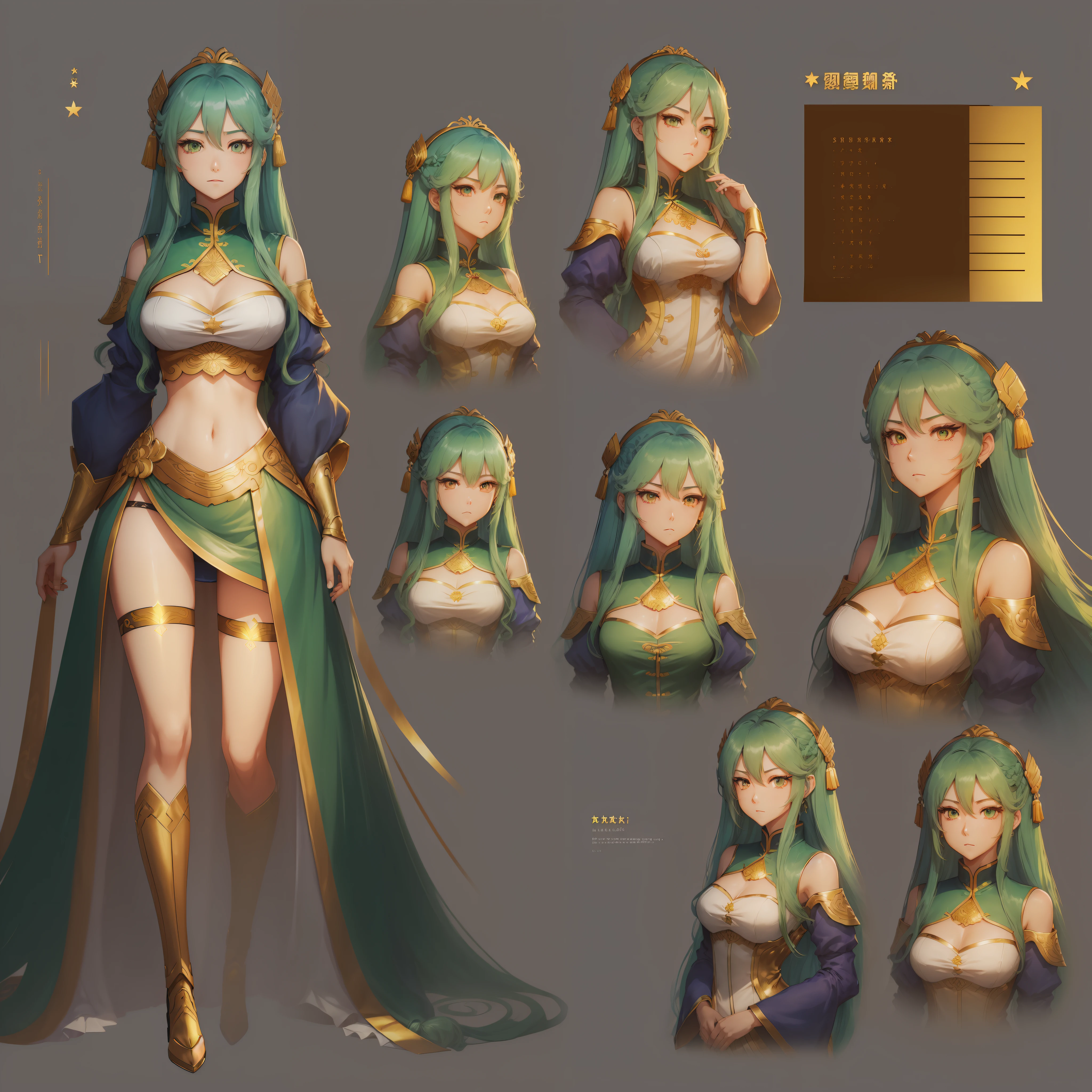 ((masterpiece)),(((best quality)),(character design sheet, same character, front, side, full body back, illustration, 1 woman, green hair color, long hair past knees, fax combed, eyes, ambient change scene, Fax, Zitai pose, Female, Shangyi Shirt, Star, Charturnbetalora, (simple background, and gold : 1.3), --6 --auto --s2