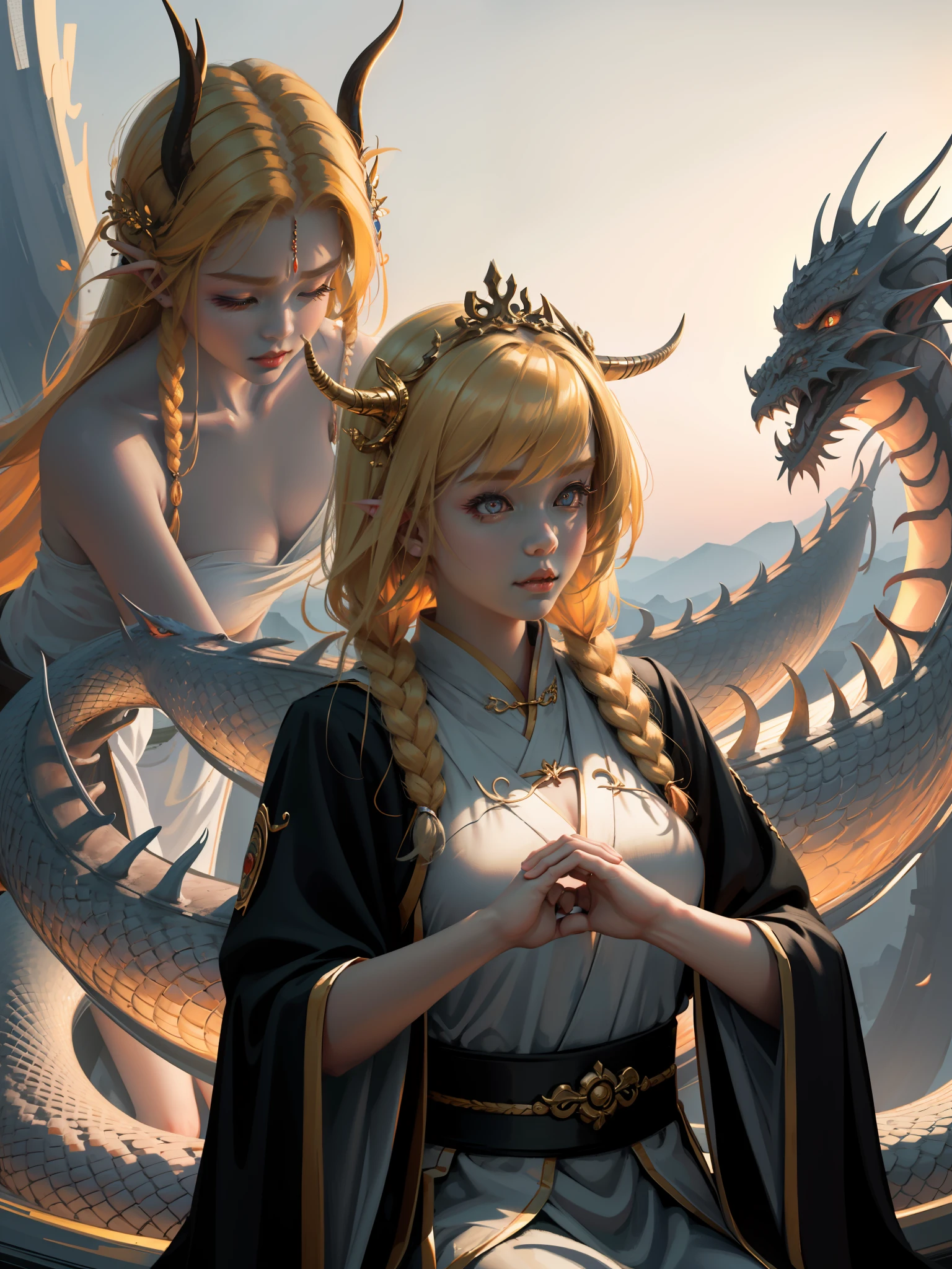 Ultra-clear, fine, a Chinese dragon surrounds the girl, the girl crosses her hands to cast spells, the girl has dragon horns and golden hair ornaments on her head, Hanfu, natural light