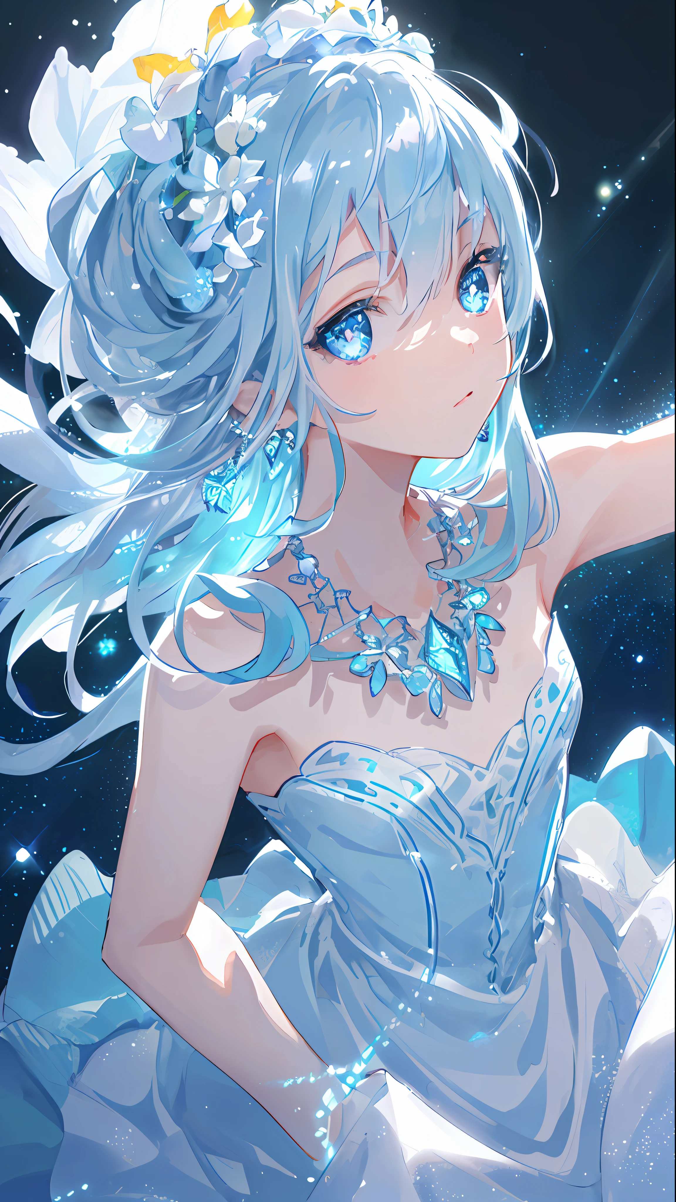 masterpiece, best quality, illustration, sax blue, platinum earrings, platinum necklace, white dress, 1girl, cute, (dynamic lighting:1.2), cinematic lighting, delicate facial features, detailed eyes, sharp pupils, realistic pupils, depth of field, bokeh, sharp focus, (hyper-detailed, bloom, glow:1.4), many small gems