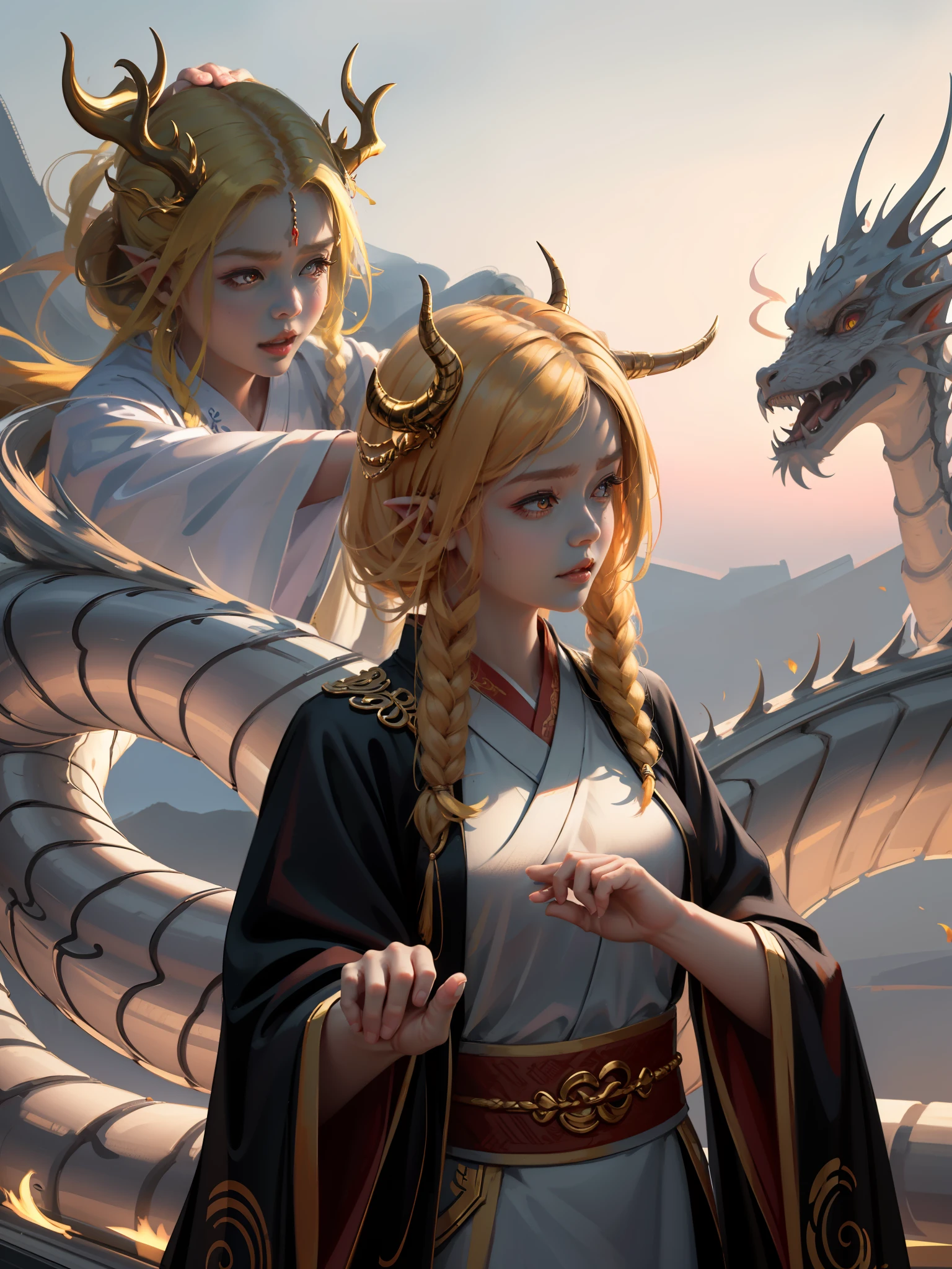 Ultra-clear, fine, a Chinese dragon surrounds the girl, the girl crosses her hands to cast spells, the girl has dragon horns and golden hair ornaments on her head, Hanfu, natural light