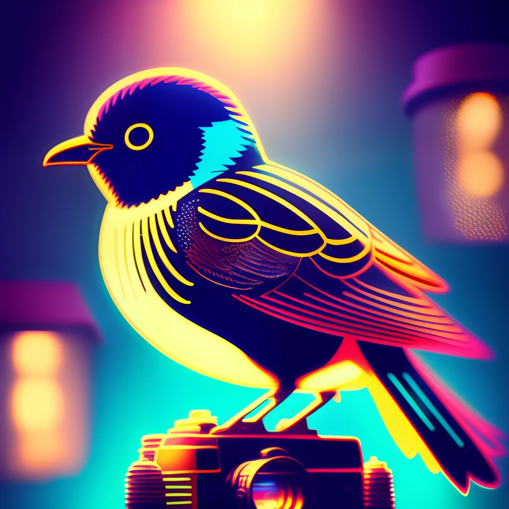 A bird with minimalist style, illuminated by a spotlight, captured by a vintage camera, using vibrant colors and glass materials, in small size, with a shallow depth of field, exceptional quality and a touch of elegance.