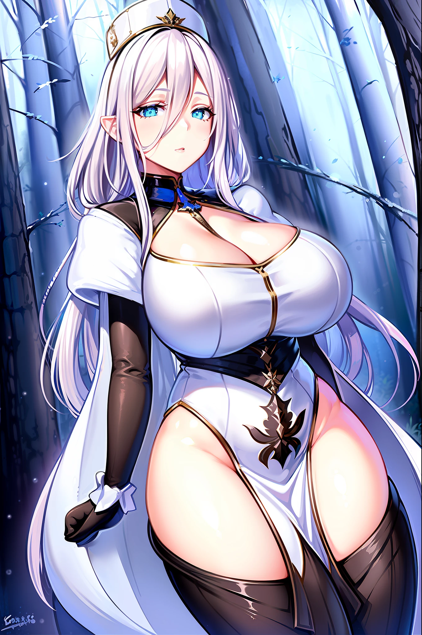 sfw(Ultra Quality,Unparalleled Masterpiece,Ethereal:1.4)(Gigantic Breasts:1.6)(breasts squeeze: 1.3)(bimbo 1.5)(Disproportional Tits: 1.5) (Perfect-Hyper-Detailed Soft Mature Eyes),(Anime:1.2)(Absurdres:1.4)4K,Ultra-Detailed,((Intricate Detailed Beautiful Adult Face))),Seductive,Mature Female,(Solo:1.4)1Girl(Standing: 1.2),(Cerestia of Life e celestine lucullus fused),Elf,Pointed Ears,Intricate Body Details (Milf:  1.5)(Curvy:1.2)Medium waist, (Voluptuous: 1.3) (Curved: 1.3) (popped breasts: 1.3) Long blonde hair, hair entries, Vivacious, seductive posture, sexy pose, seductive[[[[intricate-perfect-fingers-on-hands]]]] {Mint Eyes}, wide mouth, thick lips, swollen lips, (white platform boots), nature, forest, (art by wlop and ross tran) (hands behind back) Hiding hands, cinematiclighting, 1girl, ((masterpiece)), hdr, best quality,  Ultra-detailed, extremely detailed, high res, perfect face, highre, beautiful background, (depth of field), ray tracing, standing, Sovetsky_Soyuz, Sovetsky Soyuz \(azur lane\), standing, large breasts, yellow blonde hair, elf ears, ((((no errors))), ((well detailed)), (((extremely well done)))