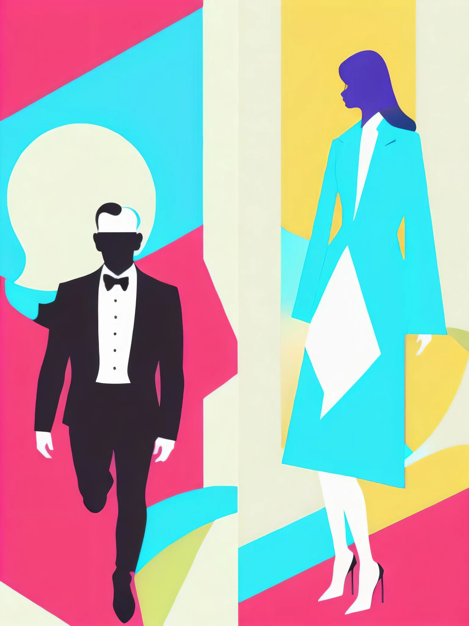 a series of colorful posters with a man in a suit on one side and a woman in a dress on the other side by Jonathan Barnbrook