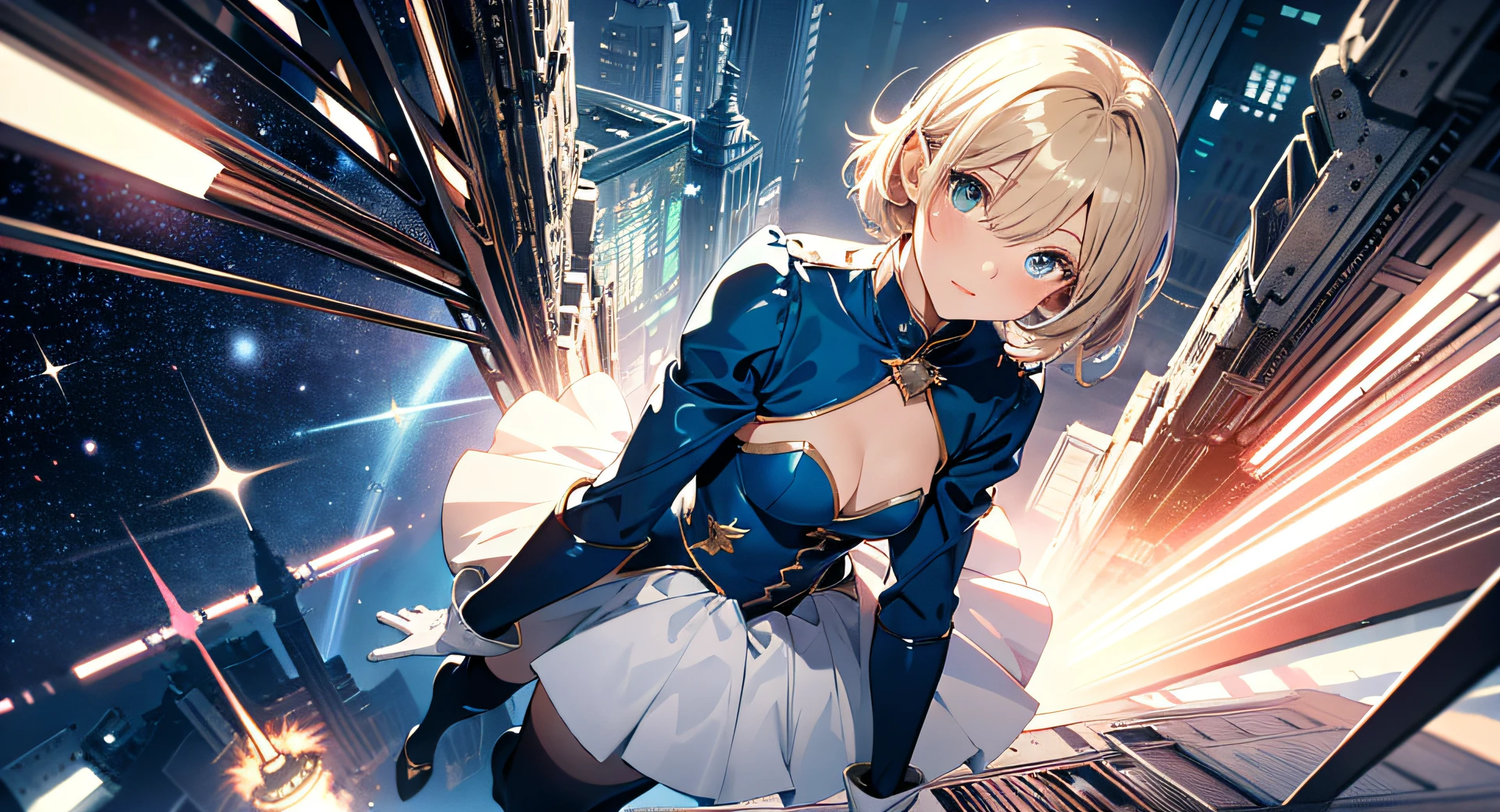 Absurd resolution, high resolution, (masterpiece: 1.4), super detailed, girl alone, from above, fantastic space, floating, blonde, petite, short hair, long boots, white and blue costume, gloves that are up to the elbows