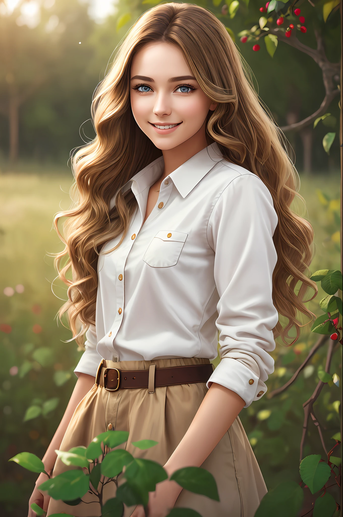 young woman, realistic 2d character, passionate about nature and plants, producer of natural oils, white with brown eyes and wavy brown hair, ultra realistic, various poses, masterpiece, best quality, intricate detail, followed, perfect anatomy, finely detailed, midday, vivid colors, add_detail, BREAK pretty girl, detailed eyes, white shirt, brown blonde hair, logged trees, roses, tall grass, (soil: 1.3), smiling BREAK