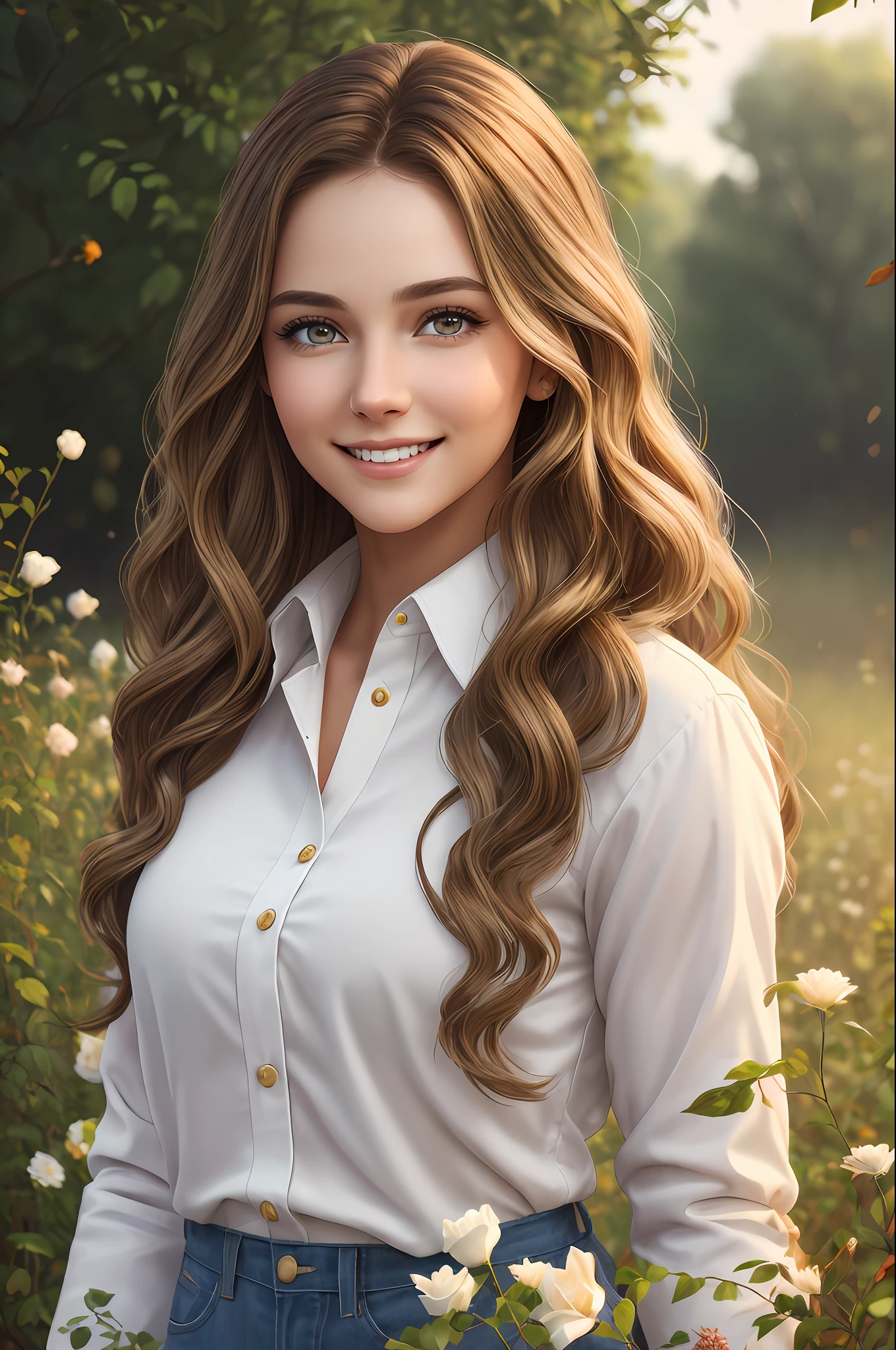young woman, realistic 2d character, passionate about nature and plants, producer of natural oils, white with brown eyes and wavy brown hair, ultra realistic, various poses, masterpiece, best quality, intricate detail, followed, perfect anatomy, finely detailed, midday, vivid colors, add_detail, BREAK pretty girl, detailed eyes, white shirt, brown blonde hair, logged trees, roses, tall grass, (soil: 1.3), smiling BREAK
