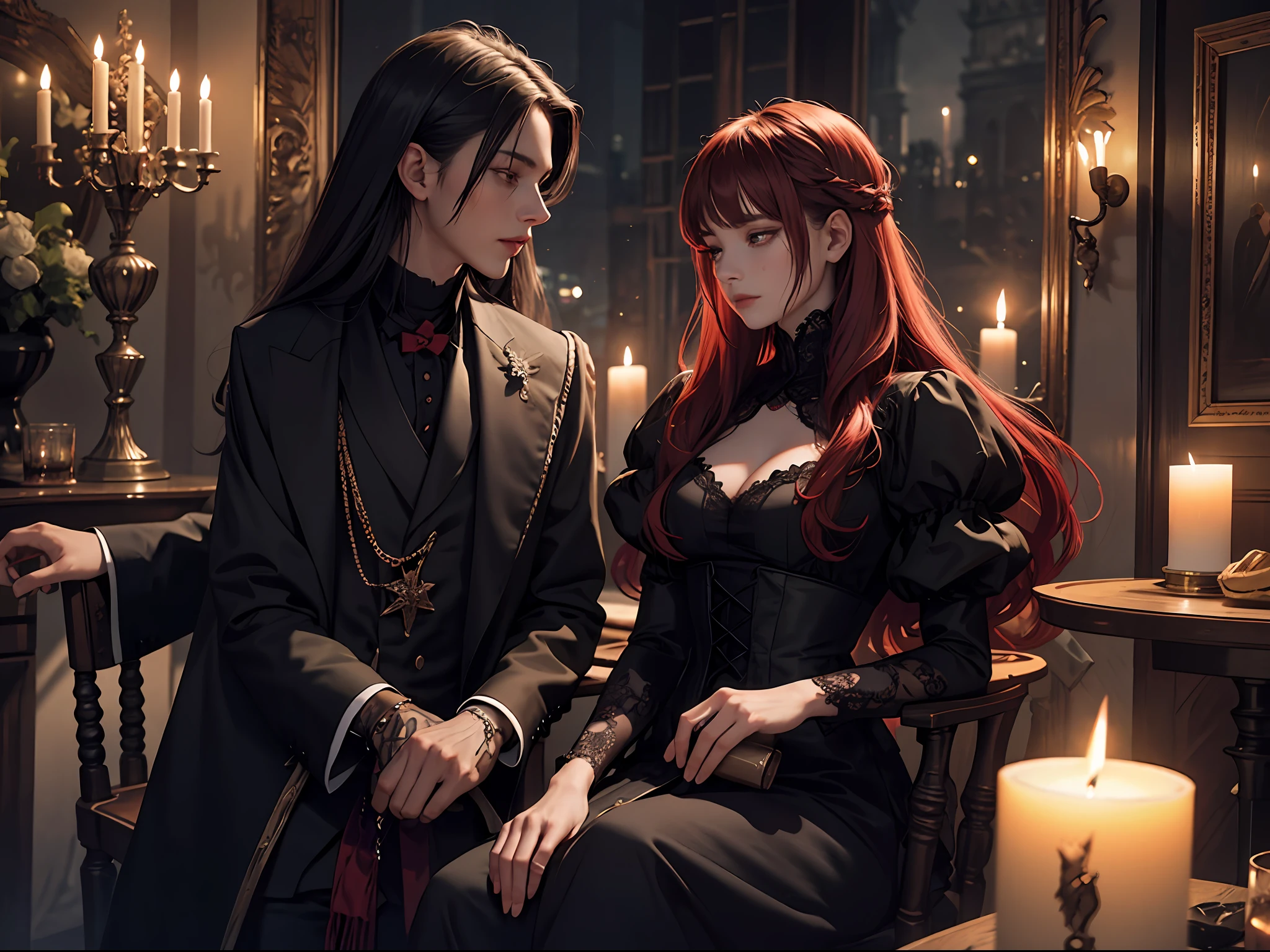 Official art, unity 8k wallpaper, super detailed, beautiful, beautiful, masterpiece, best quality,
darkness, atmosphere, mystery, romanticism, scary, literature, art, fashion, victorian, decoration, complexities, hardware, lace, contemplation, emotional depth, supernatural,
A boy, a girl, two people, Gothic style, candlelight, stares, people around, shades of red wine by the environment