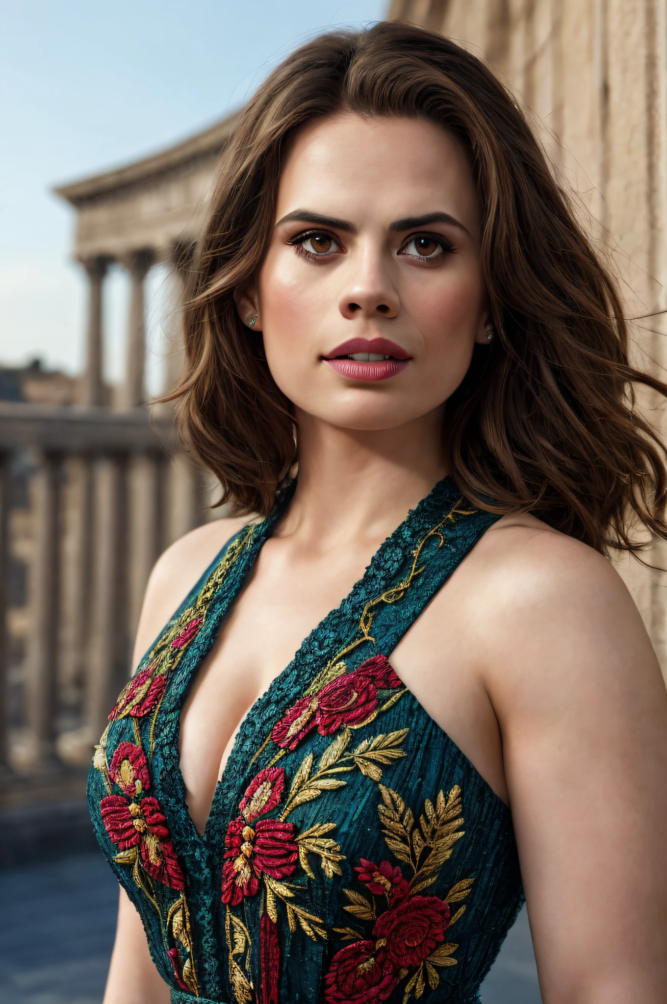 beautiful Hayley Atwell, wearing a chiffon summer maxi dress, city of Rome. intricate, 8k, highly detailed, (extremely detailed CG unity 8k wallpaper), (detailed anatomy), Hyperrealistic full shot body image, trending on CGSociety, Intricate, High Detail, Sharp focus, dramatic, strong sunshine, vibrant colours, fine art photography, intense, modelshoot style, (extremely detailed CG unity 8k wallpaper), full shot body photo of the most beautiful artwork in the world, pearl skin