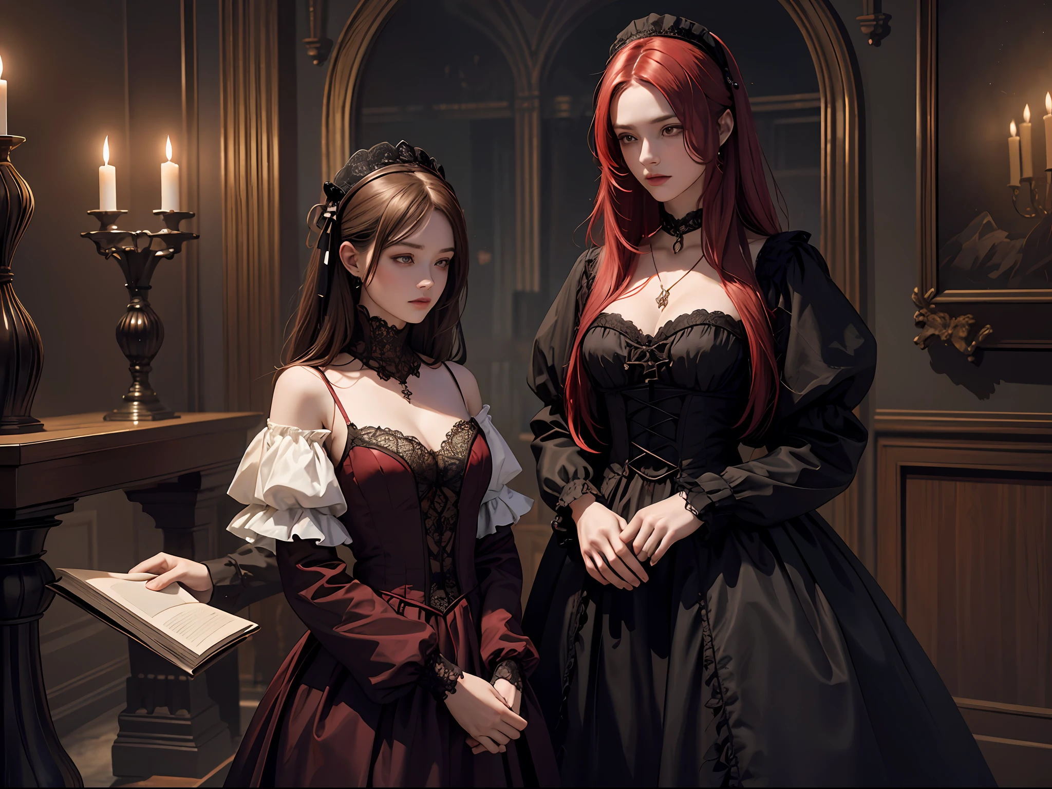 Official art, unity 8k wallpaper, super detailed, beautiful, beautiful, masterpiece, best quality,
darkness, atmosphere, mystery, romanticism, scary, literature, art, fashion, victorian, decoration, complexities, hardware, lace, contemplation, emotional depth, supernatural,
A boy, a girl, two people, Gothic style, candlelight, stares, people around, shades of red wine by the environment