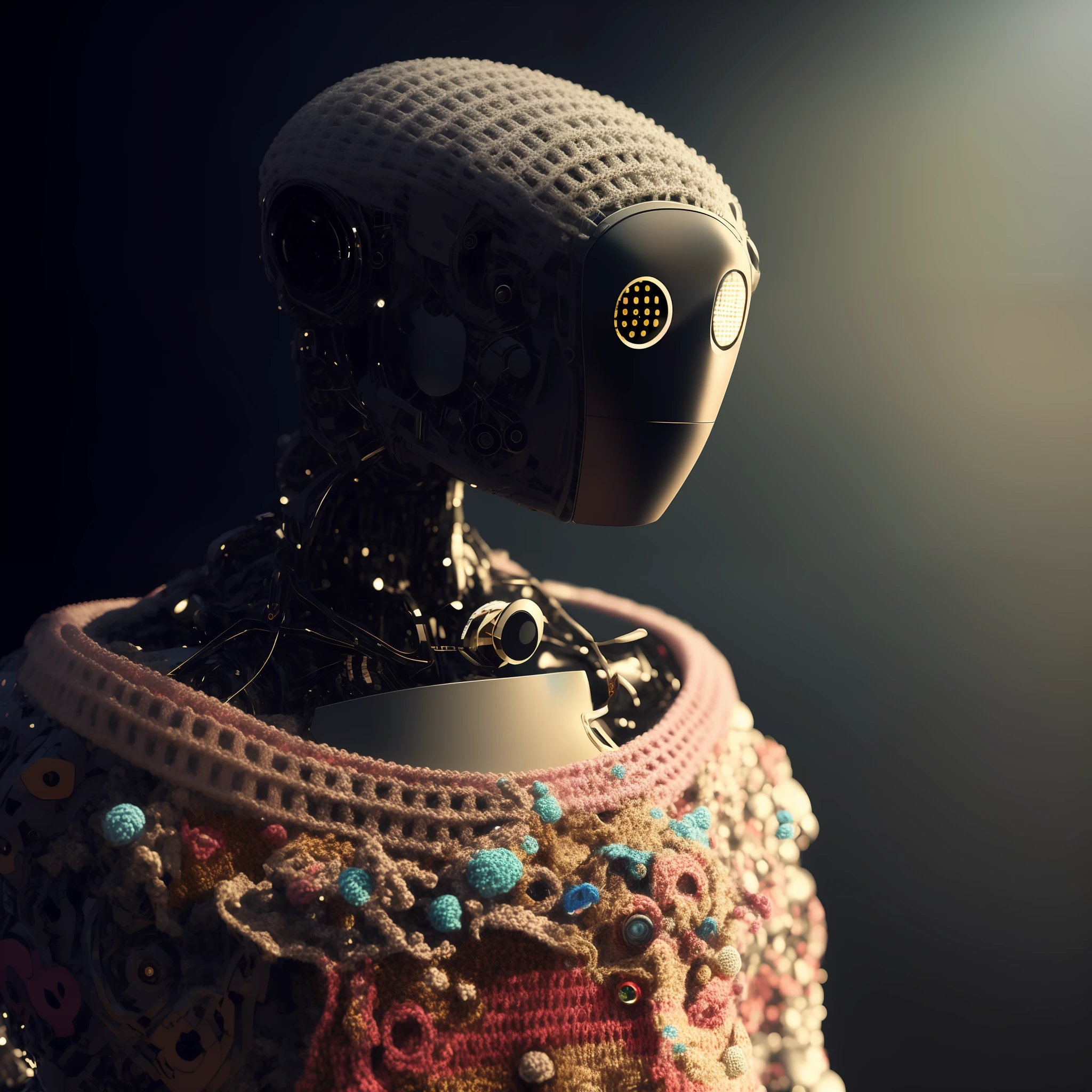 There is a robot that is wearing a choche sweater and a crochet burrow, detailed humanoid, beautiful robot character design, digital art rendering, futuristic robot, cyberpunk robot, portrait of a robot, intricate 8K rendering, portrait of a futuristic robot, intricate art. octane render, integrated synthetic android, portrait of an android, 4k highly detailed digital art, robot with human face, fashion photography, fashin