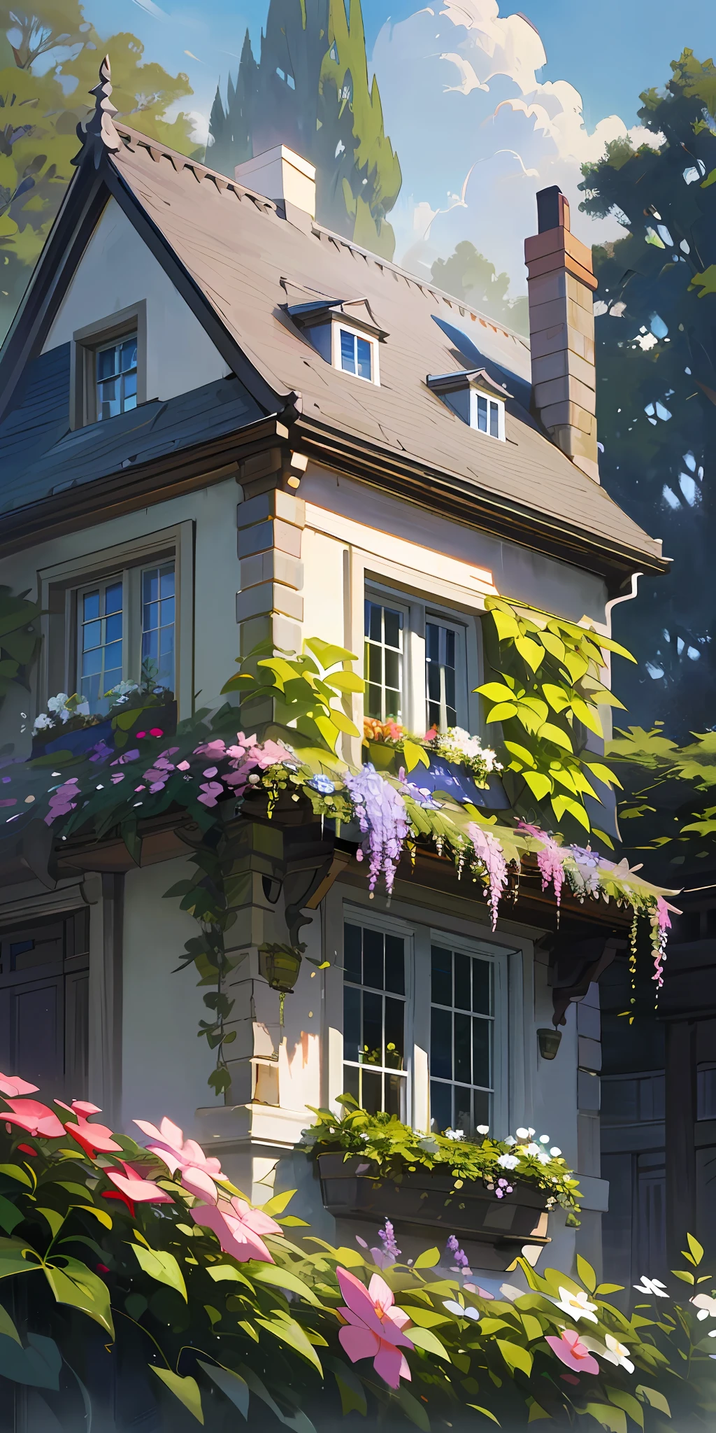Ultra-detailed, high-quality, British house, with leaves and flowers hanging from the roof, aesthetic house, oil painting, masterpiece, village, white house