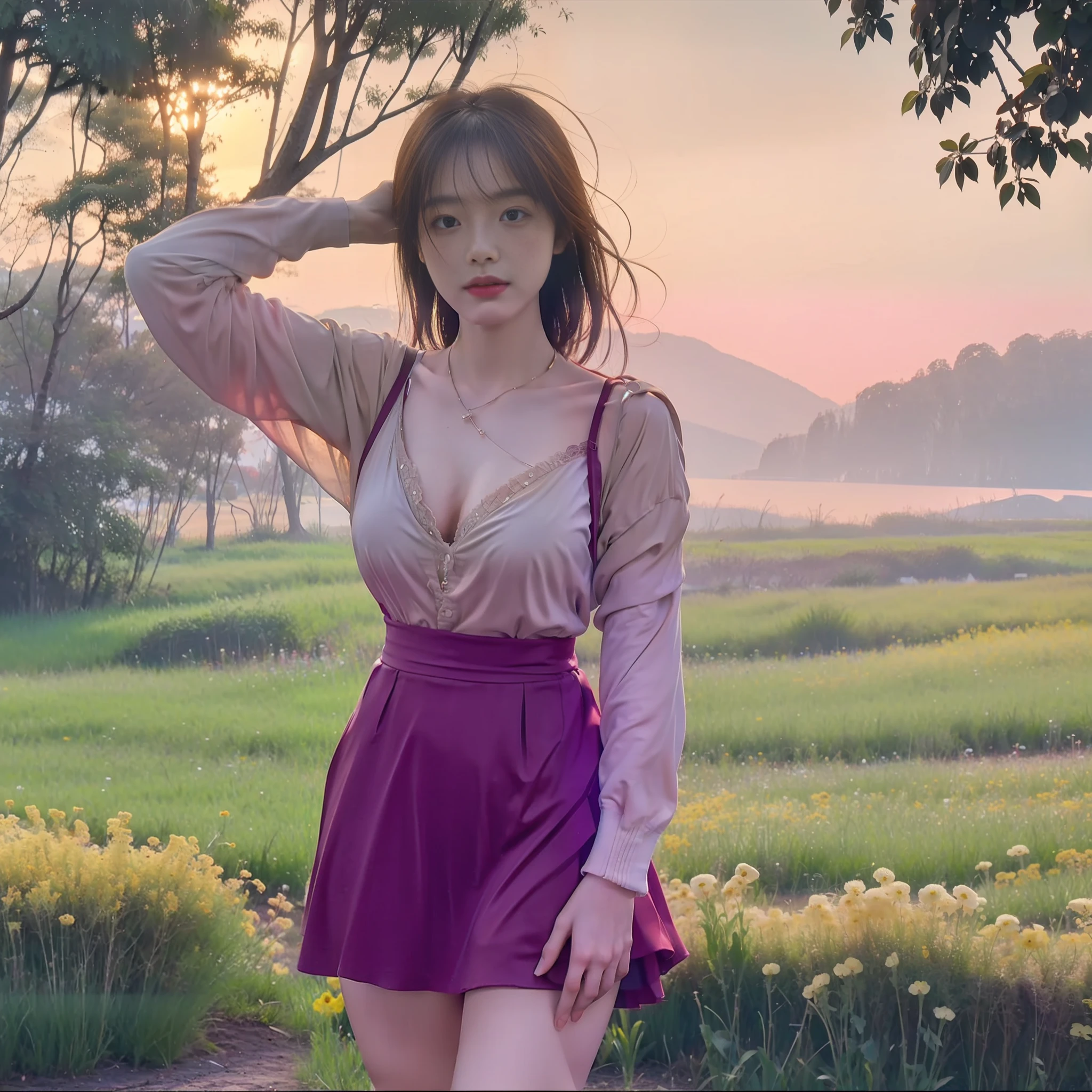 Photos of vast landscapes, (from below, sky above, open fields below), a girl standing on a flower field looking up, (Full Moon: 1.2), (Meteor: 0.9), (Nebula: 1.3), Distant Mountains, Trees BREAK Making Art, (Warm Light Source: 1.2), (Firefly: 1.2), Lamps, Intricate Details, Volume Lighting BREAK (Masterpiece: 1.2), (Best Quality), 4k, Ultra Detailed, (Dynamic Composition: 1.4), Detailed, Colorful, (Rainbow Color: 1.2), Big Breasts, Erotic Lingerie, (Glow, Atmospheric Lighting), Dreamy, Fantastic, (Solo: 1.2), Slip Dress, Pathetic, Blushing, Short Skirt, Delicate Hair, White