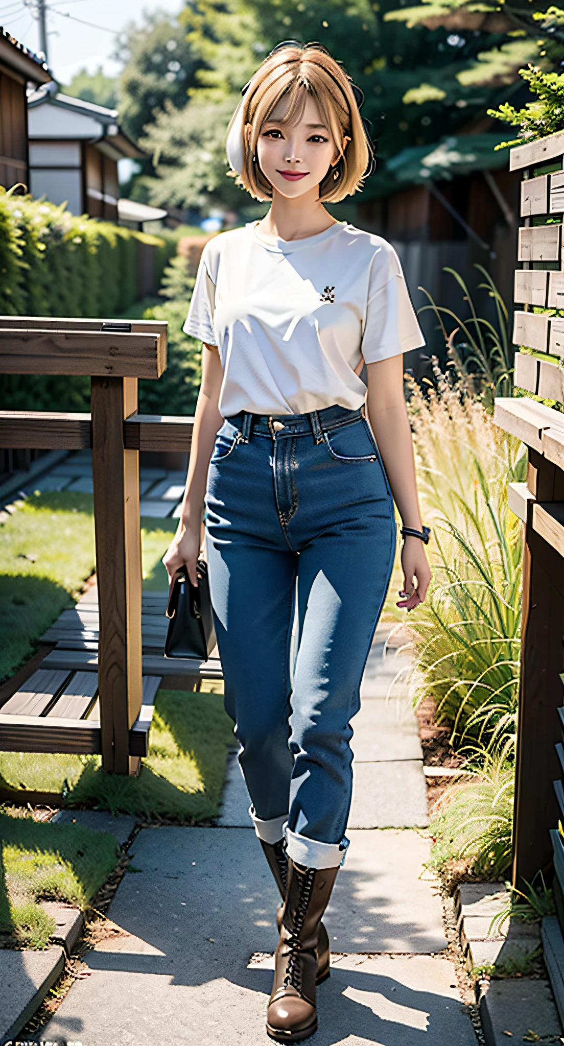(8K, RAW photos, top quality, masterpieces: 1.2), (realistic, photorealistic: 1.4), cute, Japan girls, petite girls, delicate and beautiful faces, blondes, bob cuts, professional lighting, photon mapping, radiosity, physically based rendering, rough long pants, t-shirts, blousons, beautiful women with perfect figures: 1.4, sexy, watch viewer, cg wallpaper, medium breasts, full body, long boots, light smile, one ear headset