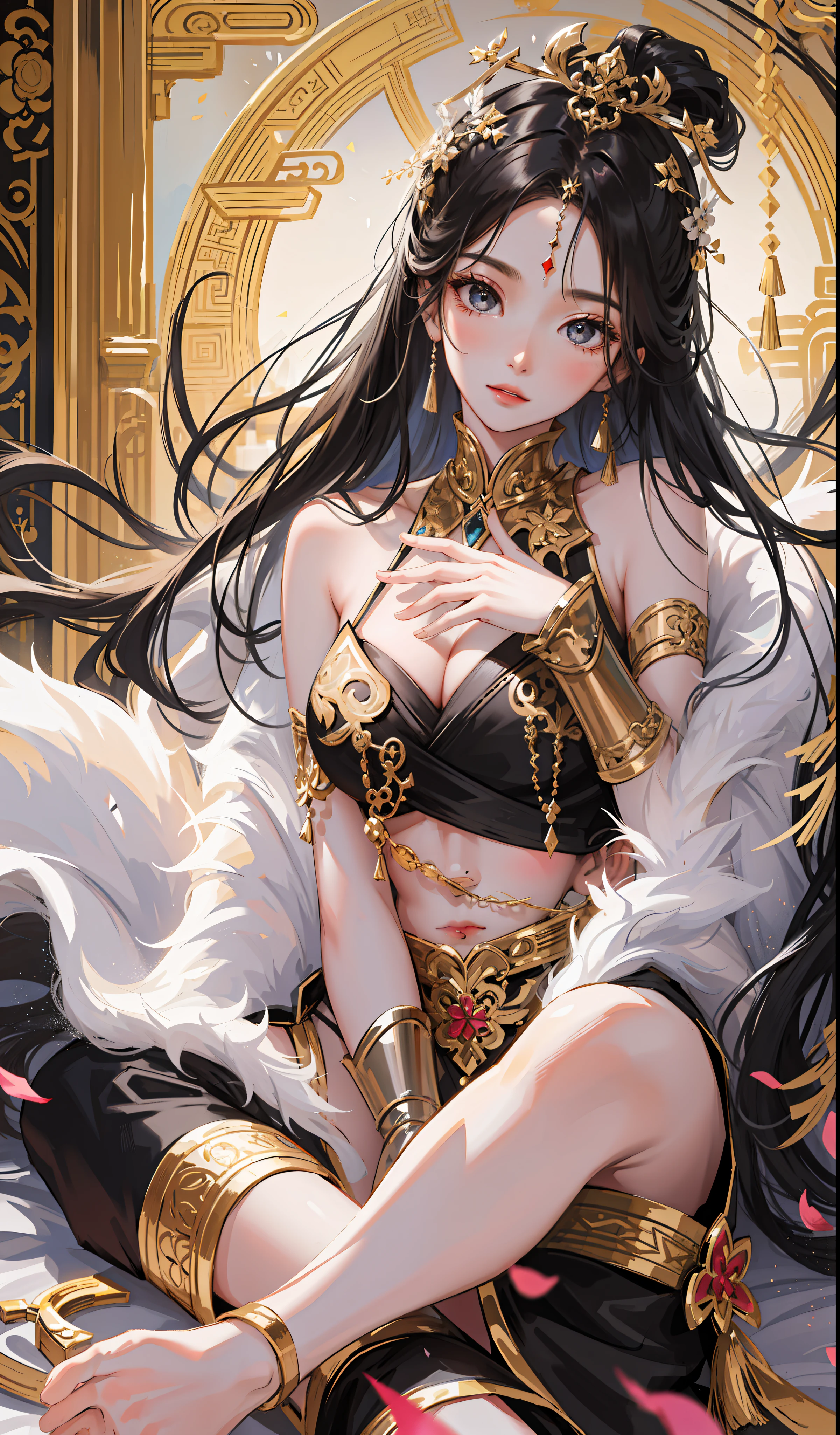 A woman wearing gorgeous clothes in ancient China, superlative, long black hair, Chinese-style headdress, intricate and detailed jewelry, blingbling jewelry, wearing Dunhuang-style clothes, like a fairy descending, full of wisdom, fresh temperament, fair skin, long black hair, flowing long hair, messy and scattered hair, afternoon sunset, edge lighting, best light and shadow, best shadow, sparkling, dreamy picture, snowy mountains in the distance, complex clothes, flying Ayara, There is a kind of scent, body fragrance, petals, surrounded by petals, outside the temple in Tibet, 1girl, ultra HD, complex light and shadow, dancing, light makeup, big eyes, long eyelashes, slim, good-looking long legs, thin waist, will be deeply attracted by the characters in the painting, the most beautiful woman in the world, 25 years old, mysterious, bare feet, gold on the head, wearing a bracelet, expression seduction, pink blush, looking at the audience, extraordinary temperament, (half), detailed face, detailed face, ultra HD, 8K, Real skin, hyper-realistic, surreal, complex clothes, backlight is the red of the sun, super light and shadow expression, clothes are very gorgeous, dunhuang_style_close, Chinese-style architecture, biting clothes, making shy expressions, looking at the camera, close-up above the chest, (side 1.3), overhead lens, sun flare