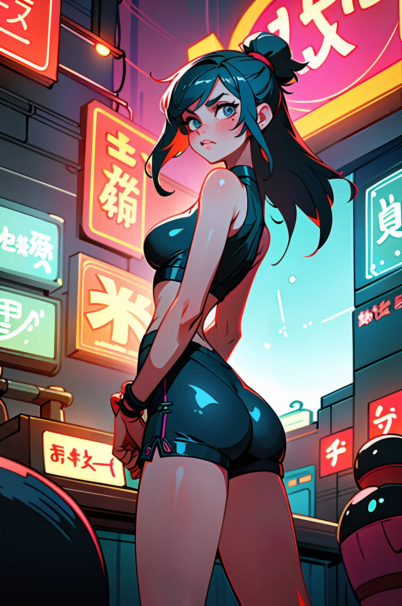 (best quality, masterpiece), 1girl, cyberpunk, neon, overcast sky, (cartoon: 1.5), sexy, rope, huge breasts, tight, small, small, neon signs, ramen shop, crop top, small ass