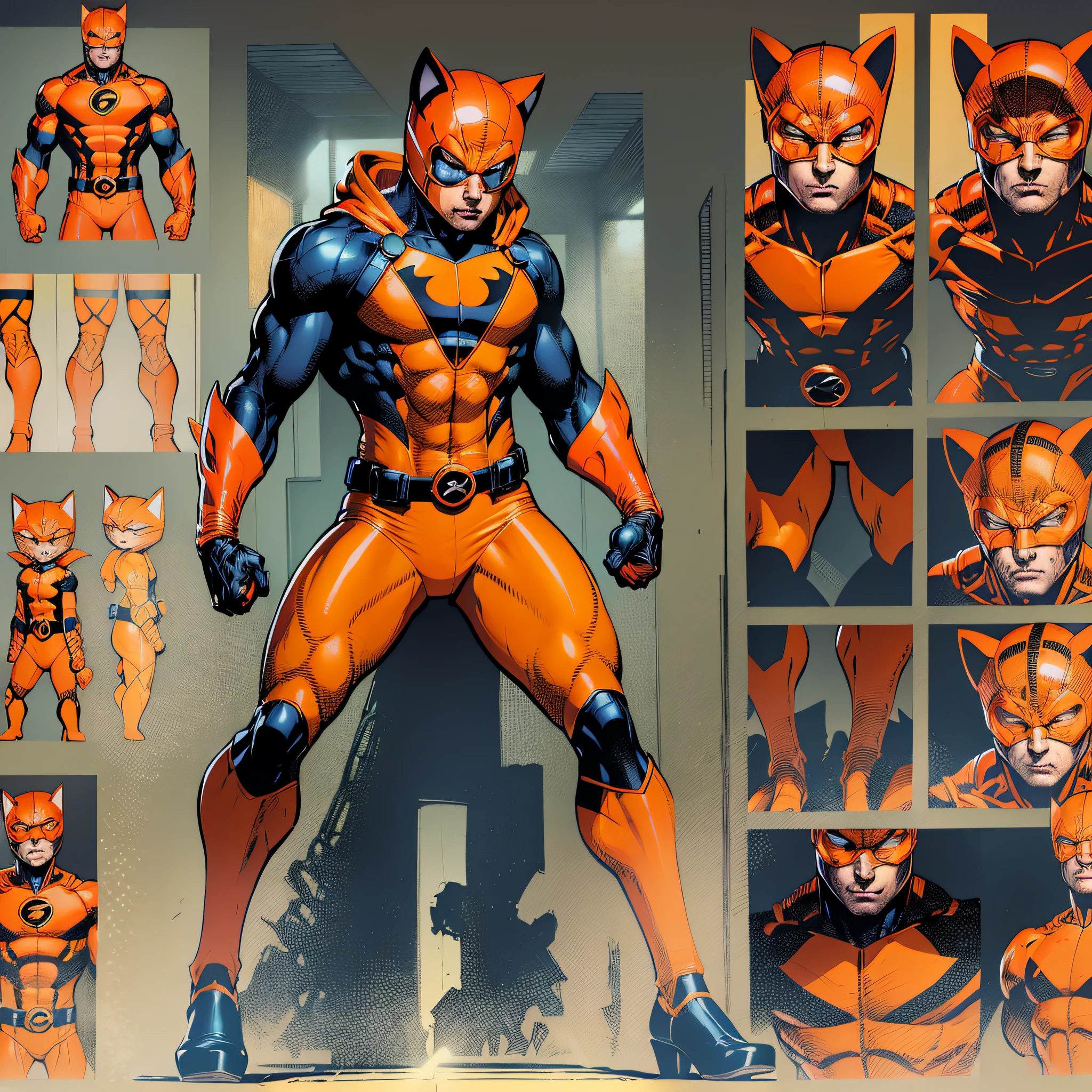 A closeup of a comic book character with a variety of different poses, 90s comic book character design, epic comic book style, comic book character design, expert high-detail concept art, comic book character, colorful concept art, high-quality concept art, detailed full-body concept art, orange body, no text, DC Comics style, DC Comics art style, comic book concept art, cute young man with but orange mask with feline ears, orange costume,black long sleeve,orange sleeve,orange belt,orange pants,black shoe