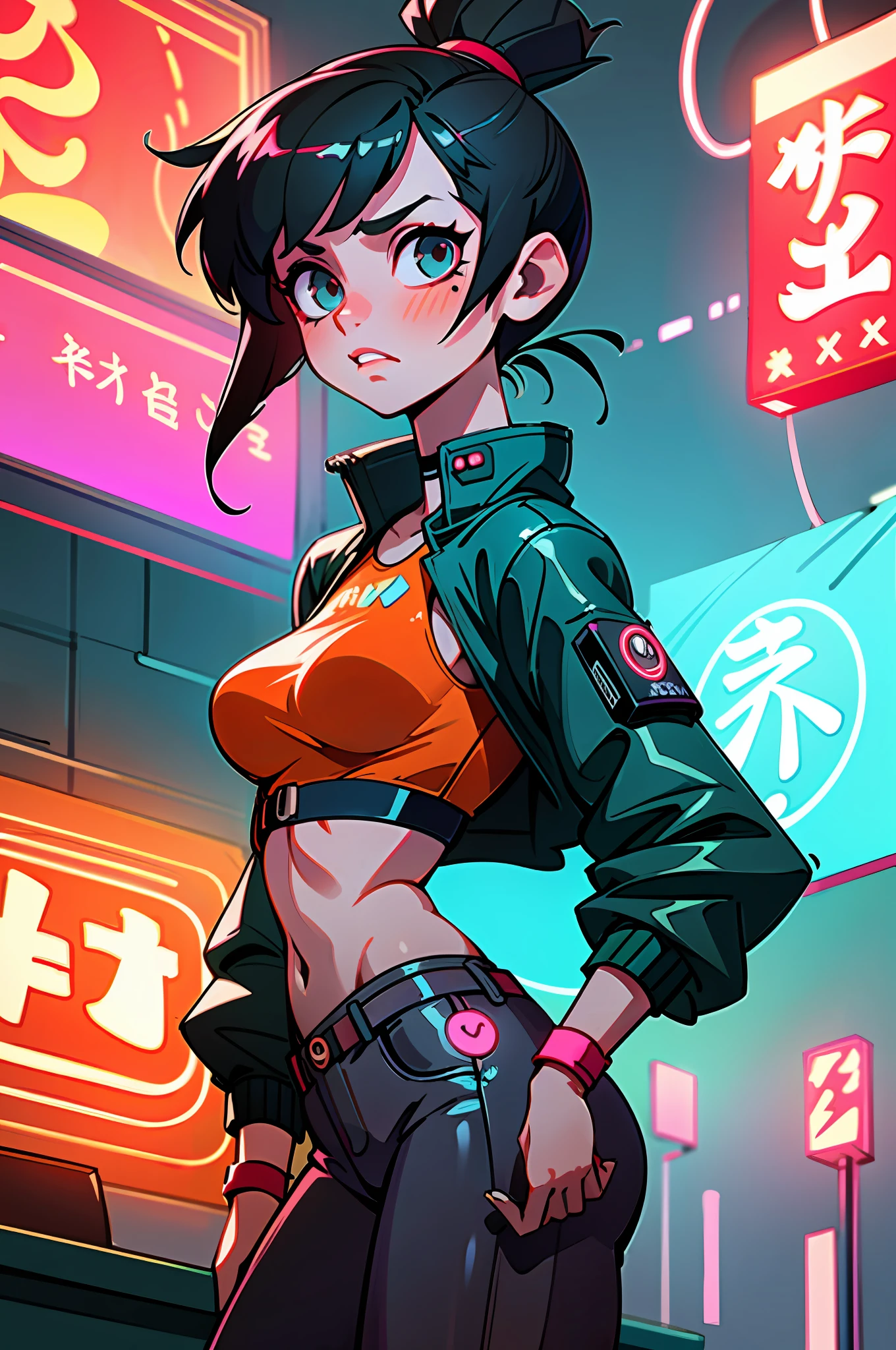 (best quality, masterpiece), 1girl, cyberpunk, neon, overcast sky, (cartoon: 1.5), sexy, rope, huge breasts, tight, small, small, neon signs, ramen shop, crop top, small ass