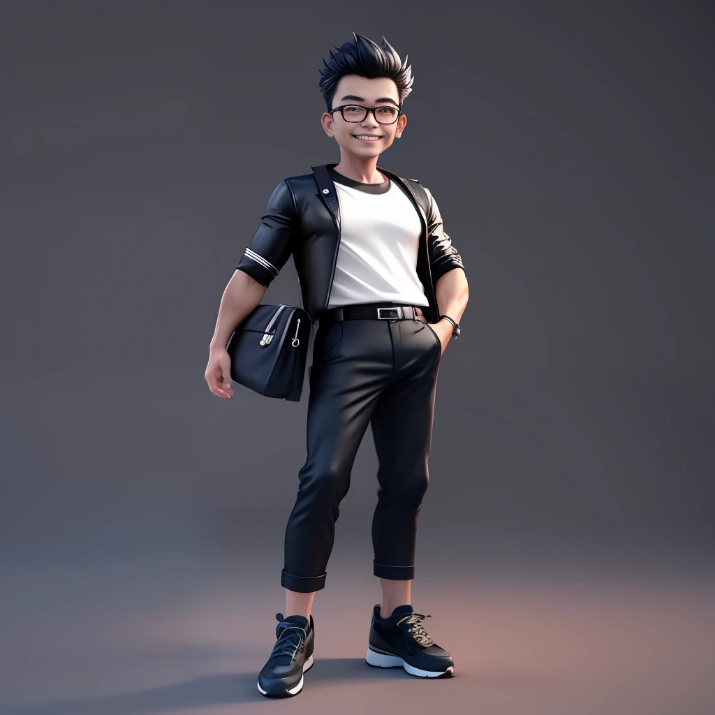 a male asian Fashion designer boss, 48-years-old, short spiky haircut,smile with very deep dimples,fit, clean shave, Highly detailed face, wearing Black Square Myopia Glasses, Wear black T-shirt and dark blue jeans and black running shoes,best quality, 3d cartoon,full body view, fantasy, dreamlike, surrealism, super cute, trending on artstation
