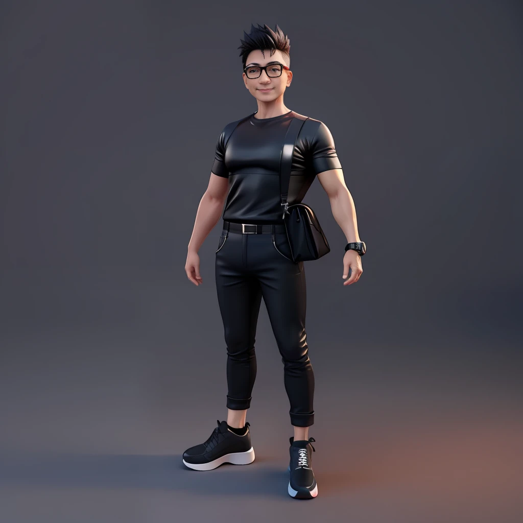 a male asian Fashion designer boss, 48-years-old, short spiky haircut,smile with very deep dimples,fit, clean shave, Highly detailed face, wearing Black Square Myopia Glasses, Wear black T-shirt and dark blue jeans and black running shoes,best quality, 3d cartoon,full body view, fantasy, dreamlike, surrealism, super cute, trending on artstation
