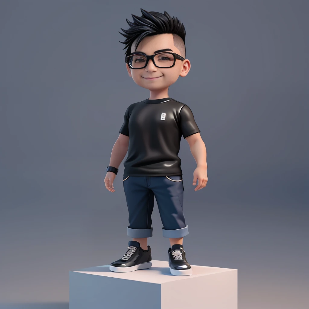 a male asian Fashion designer boss, 48-years-old, short spiky haircut，smile with very deep dimples，fit, clean shave, Highly detailed face, wearing Black Square Myopia Glasses, Wear black T-shirt and dark blue jeans and black running shoes，best quality, 3d cartoon，full body view, fantasy, dreamlike, surrealism, super cute, trending on artstation