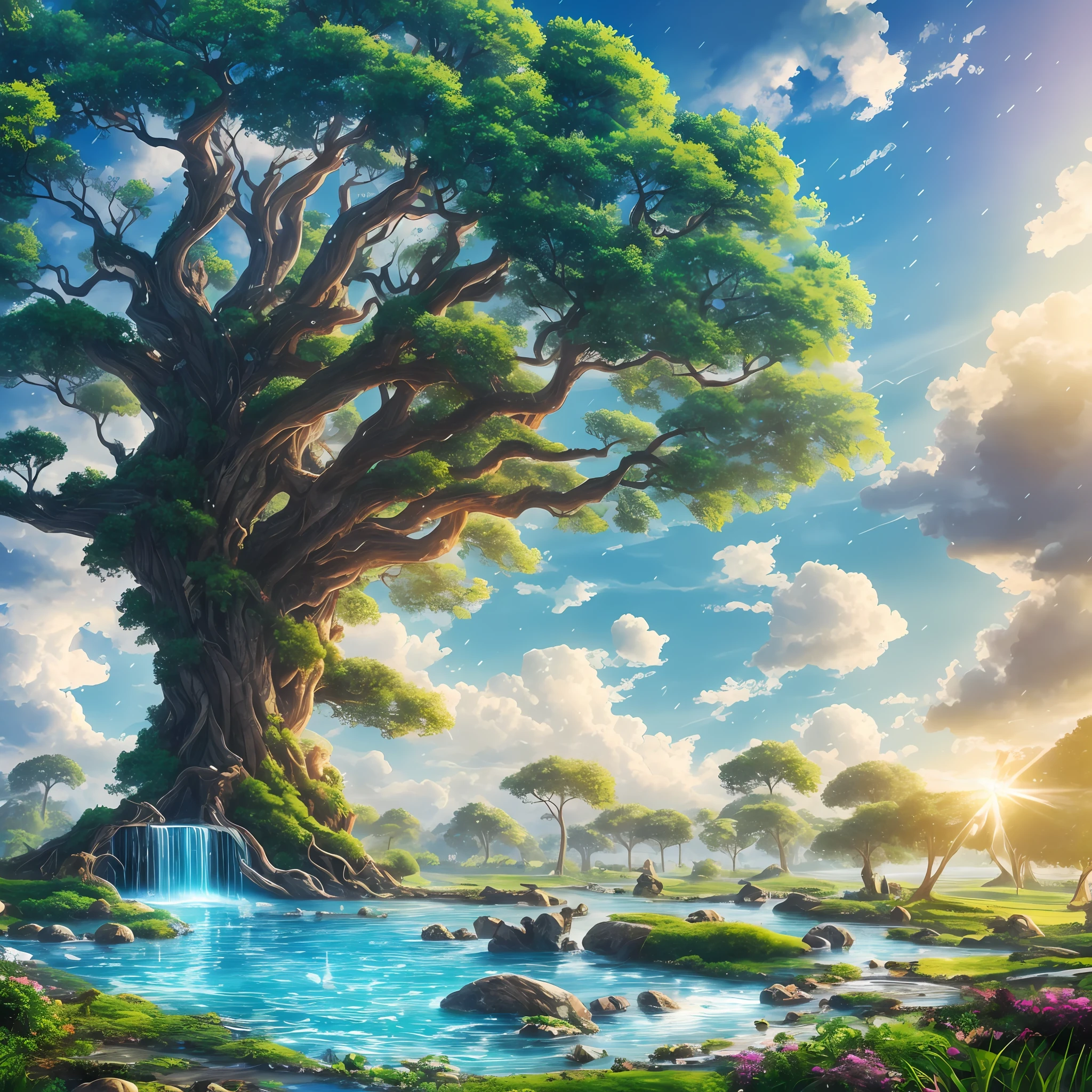 Masterpiece, best quality, high quality, highly detailed CG unity 8k wallpaper, surreal giant cyan rain tree in a futuristic prehistoric village, splashing water, sandy debris, lens flare, sun axis, fluffy clouds, ultra detailed, HDR, bloom, photorealistic, ultra detailed --auto --s2
