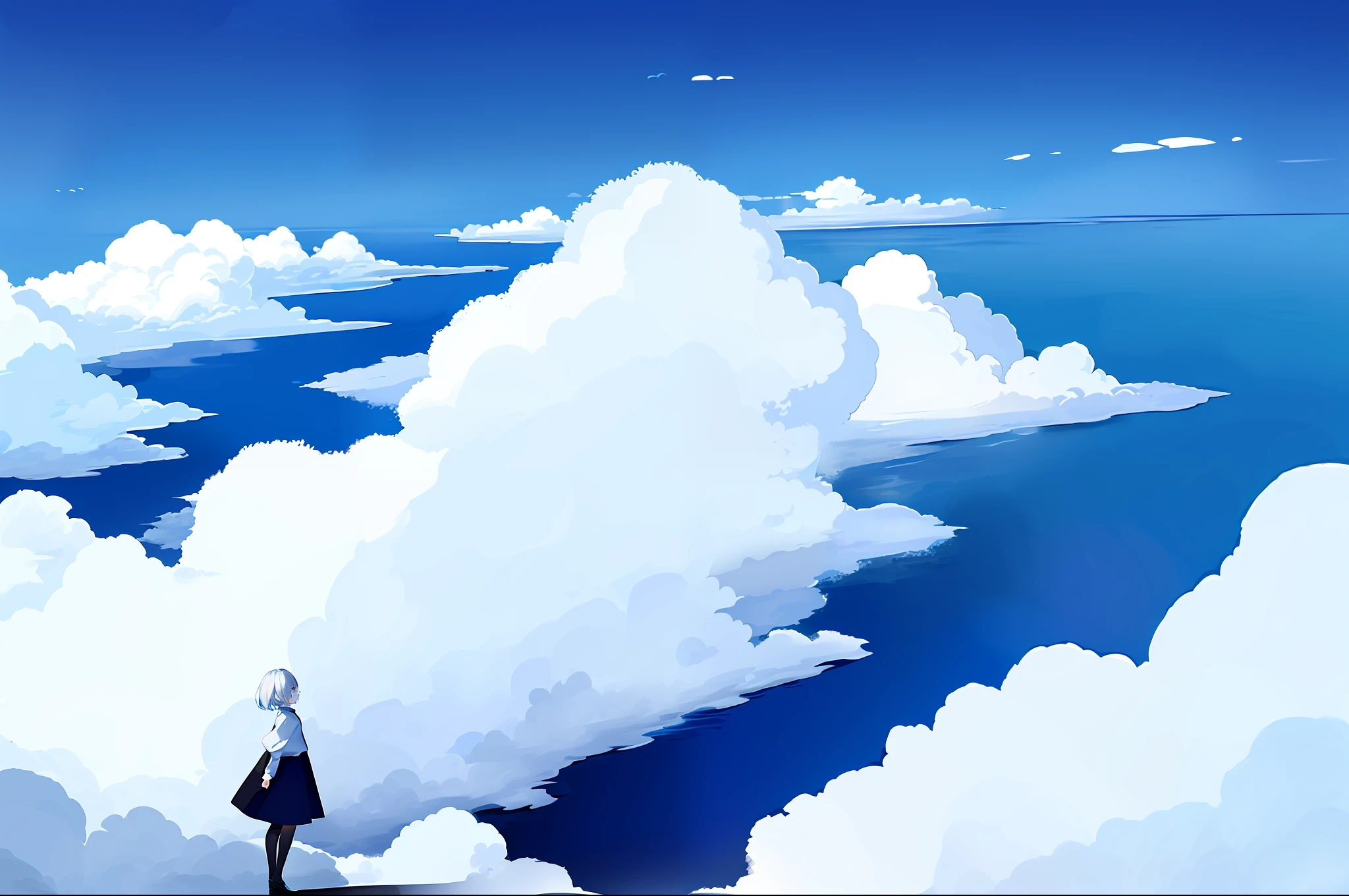 masterpiece, (best quality), (1girl), solo, (high contrast: 1.2), (high saturation: 1.2), ((hands in pockets)), ((black and white dress)), looking at the viewer, ((white and light blue theme: 1.3)), ((white and light blue background: 1.5)), white hair, blue eyes, ((walk: 1.3)), full body, black shoes, ((light blue water in the sky and white cloud and day)),(from above:  1.2)), Ink painting,xmen
