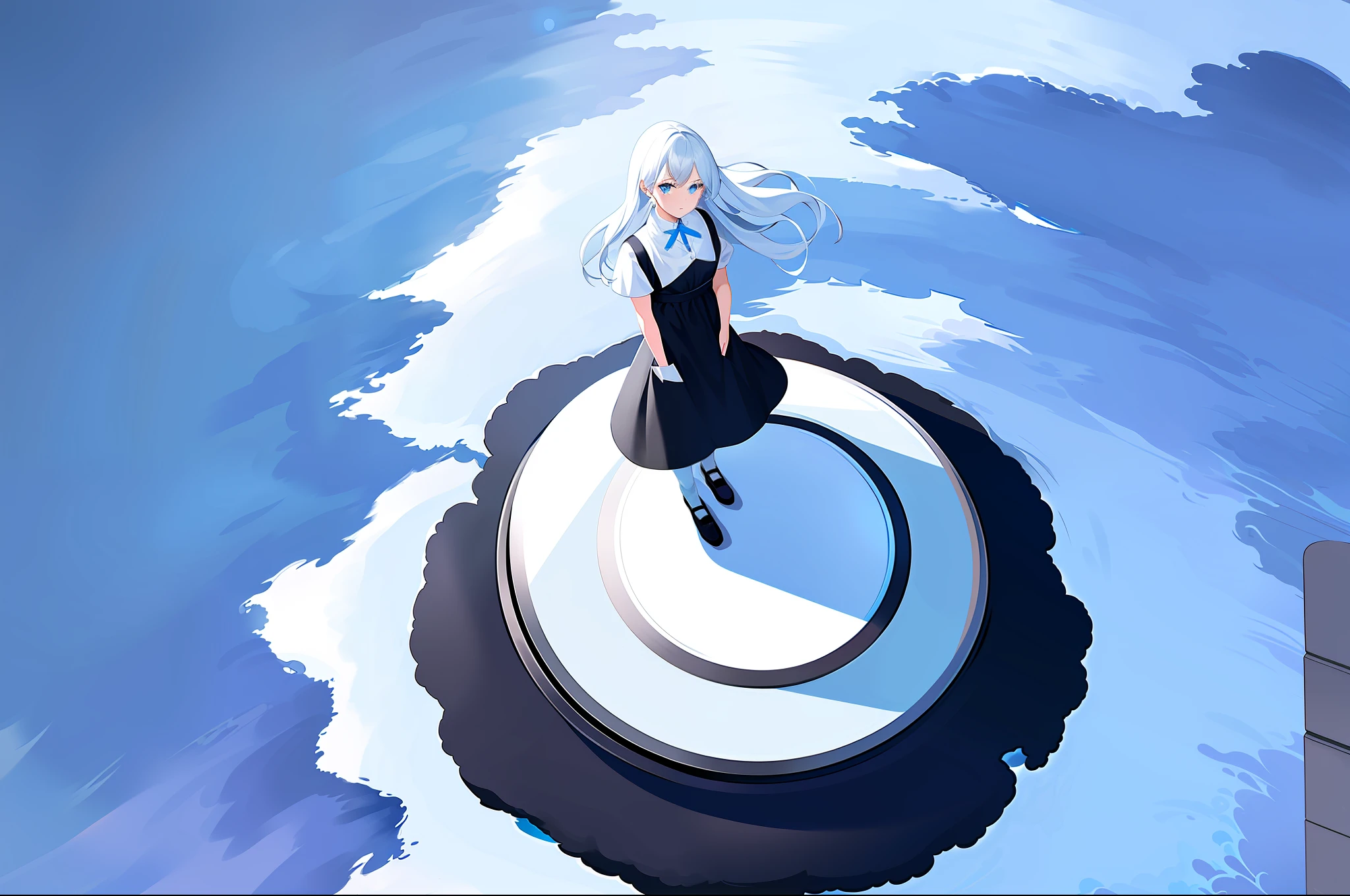 masterpiece, (best quality), (1girl), solo, (high contrast: 1.2), (high saturation: 1.2), ((hands in pockets)), ((black and white dress)), looking at the viewer, ((white and light blue theme: 1.3)), ((white and light blue background: 1.5)), white hair, blue eyes, ((walk: 1.3)), full body, black shoes, ((light blue water in the sky and white cloud and day)),(from above: 1.2)), Ink painting,xmen