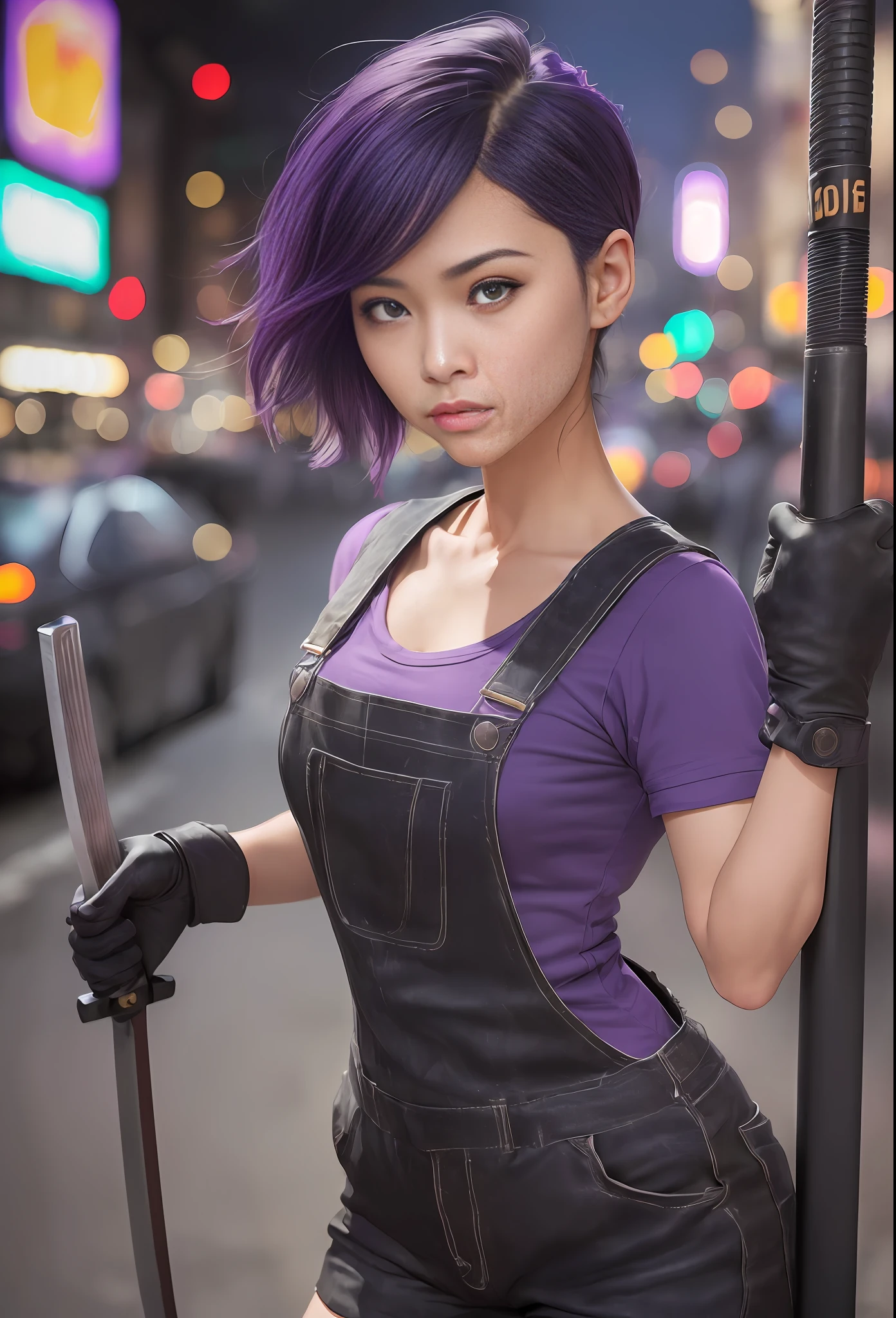 (
    (Character: one young woman, japanese:1.4, undercut hair:1.3, calm but innocent expression,frackles, slim body:1.2,short, slim legs, slim waist, (attractive facial:1.3))
    (Outfit: holding a katana:1.5, black worker overalls:1.3, knee pads, black t-shirt, purple boots:1.3, worker gloves:1.3)
    (Background: dive bar, intense urban lights in background, dark, ominous, foggy, night, purple color scheme)
    (Style: ((Best quality)), ((masterpiece)), (face detailed:1.4),texture skin, amazing,photo-realistic:1.3,Anisotropic Filtering,Depth-of-field,Maximum clarity and sharpness,Multi-layered textures, hyperrealistic,150mm)
)