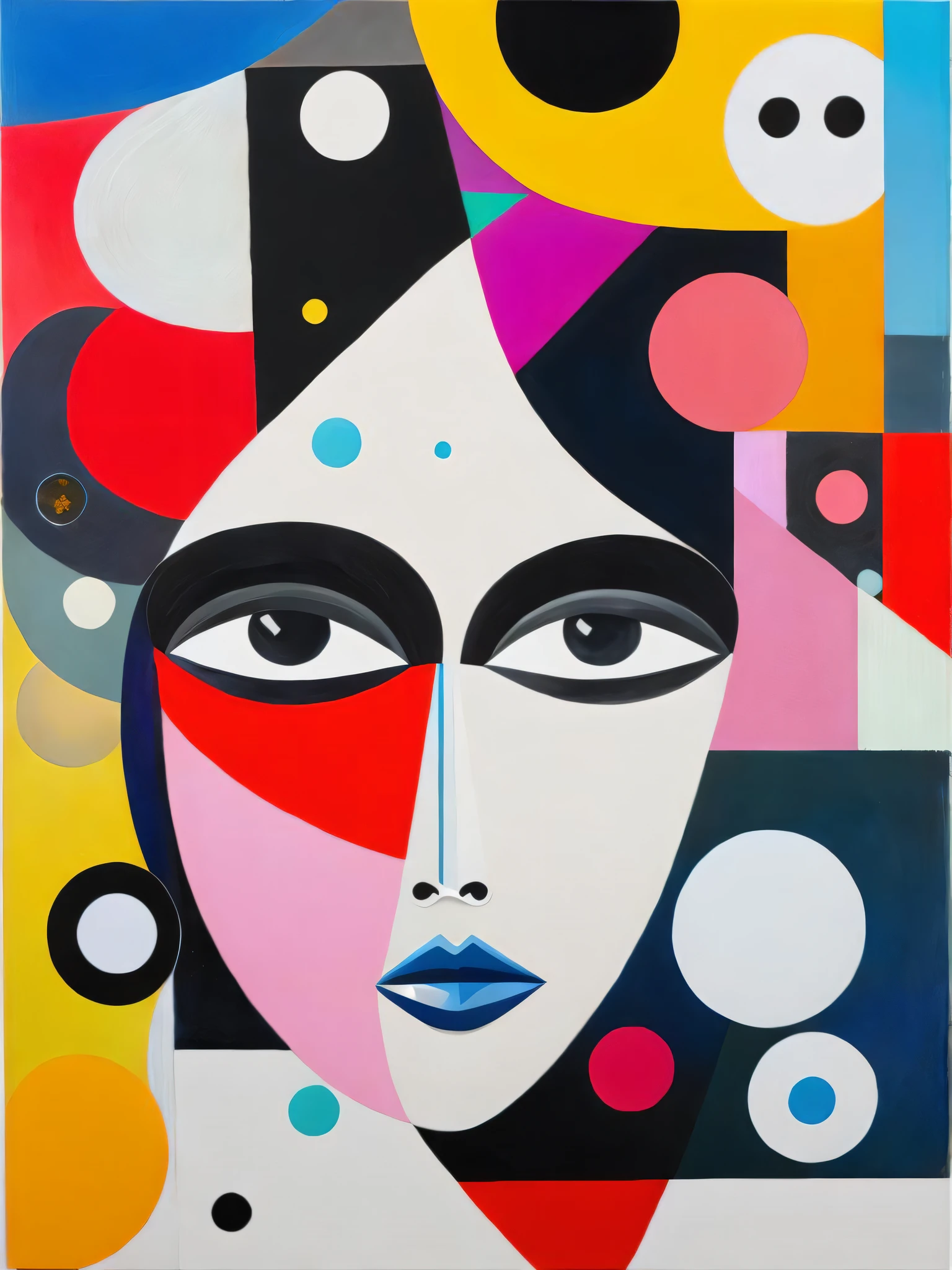 an abstract painting of a woman's face with many different shapes and sizes by George Condo