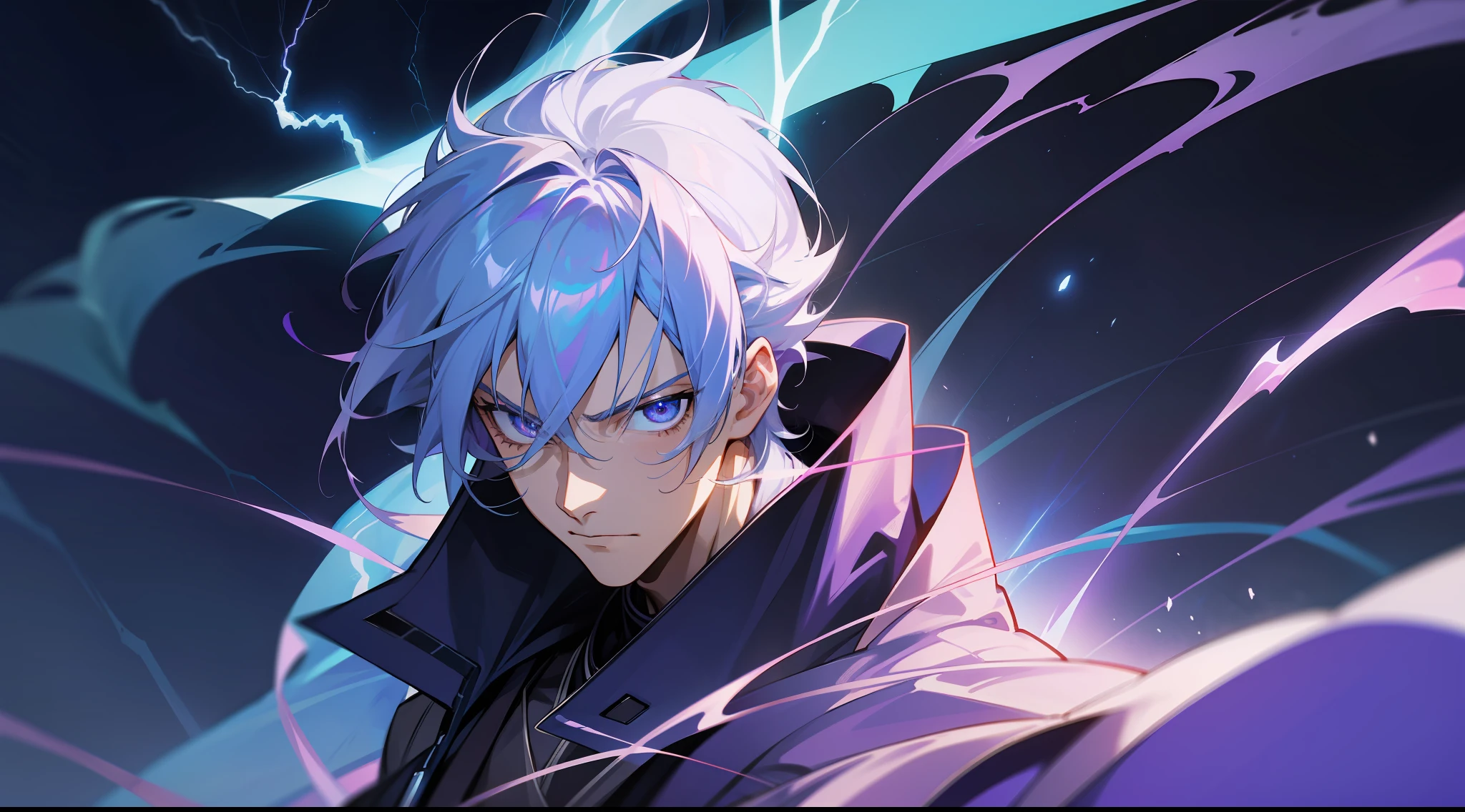 A close-up of a very tall man with a purple and blue background full of lightning, 8K anime, an epic anime of a man with thunder powers, epic anime style, menacing aura, aura of brilliant power, lots of lightning surrounding the character