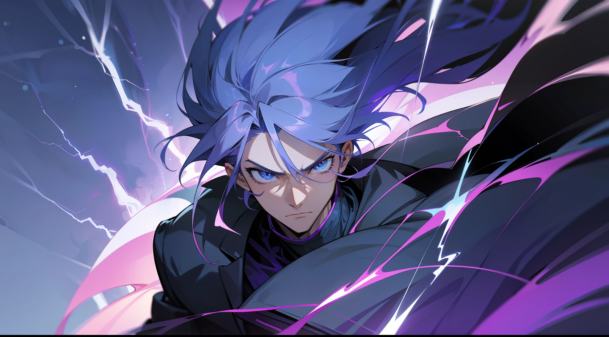 A close-up of a very tall man with a purple and blue background full of lightning, 8K anime, an epic anime of a man with thunder powers, epic anime style, menacing aura, aura of brilliant power, lots of lightning surrounding the character
