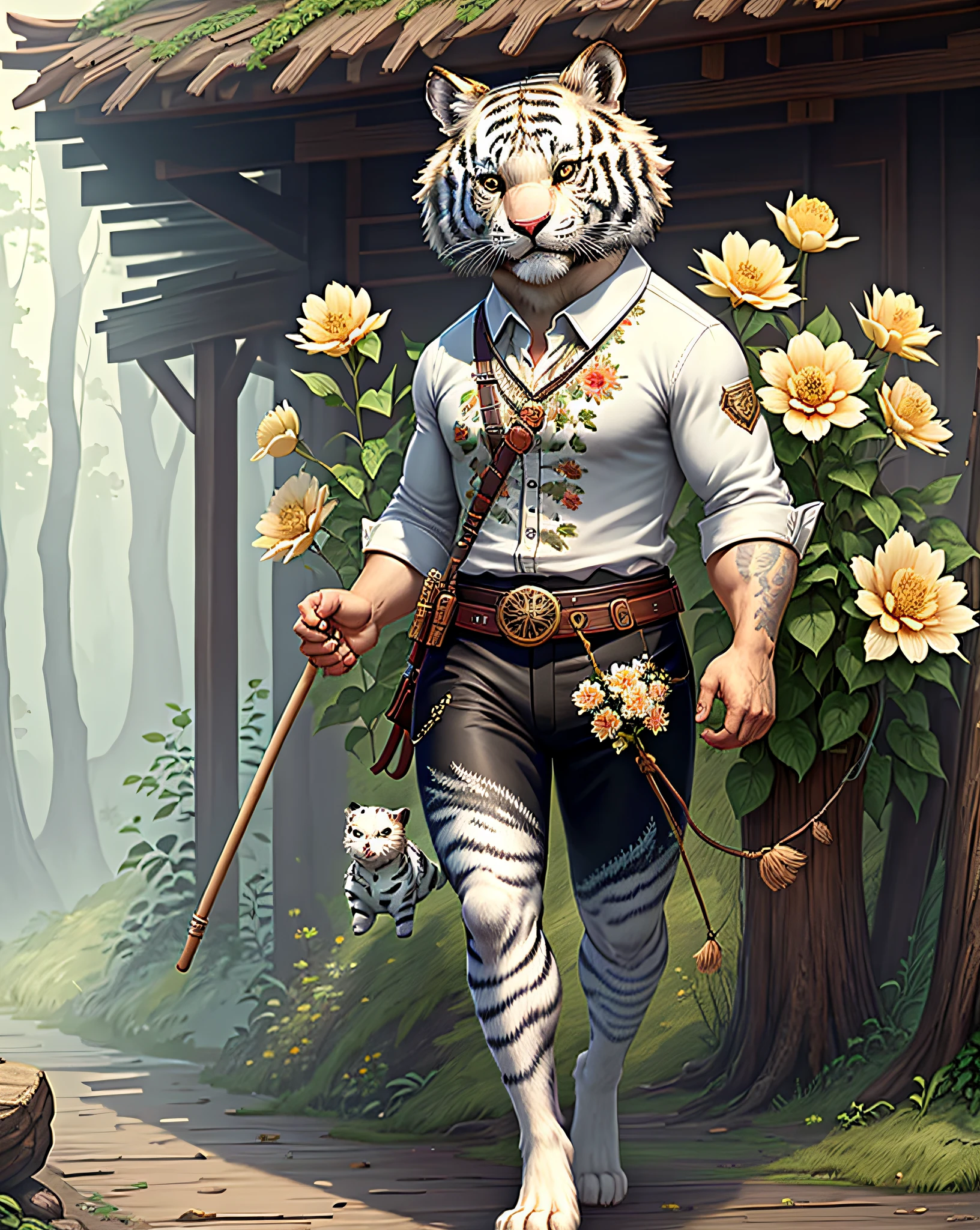 Masterpiece of cute creatures, very detailed, anthropomorphic, white tiger bastard, holding a stick, wearing a floral shirt, black pants, close-up, 8k, full body, Unreal Engine, fantasy creature, --v 6