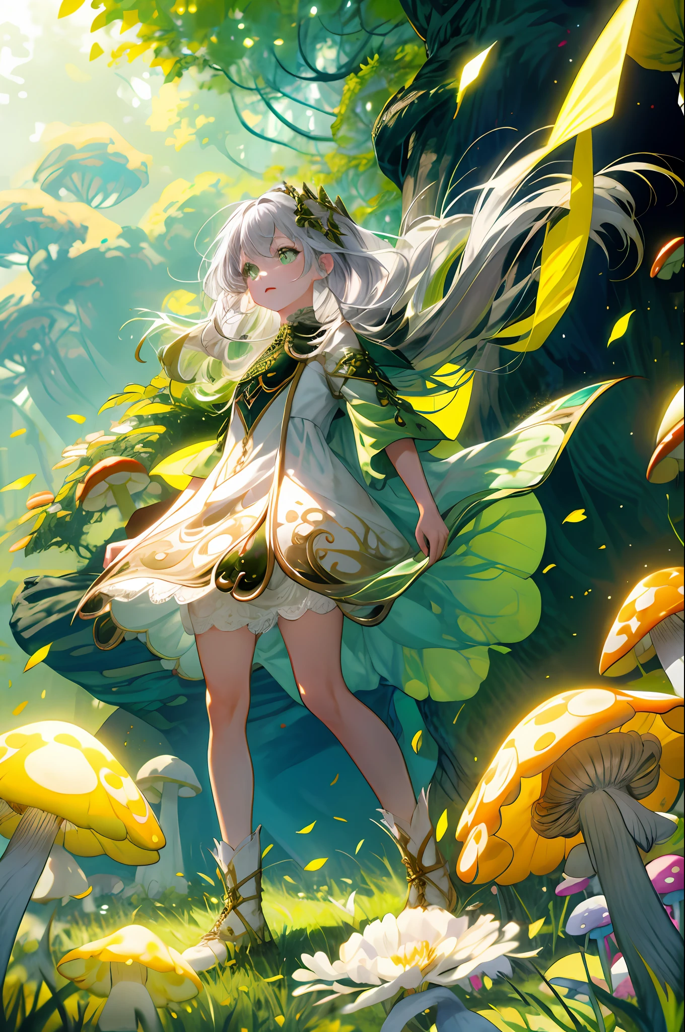 (flat color:0.9),(colorful:1.1),(masterpiece:1,2), best quality, masterpiece, highres, original, extremely detailed wallpaper,1girl,solo, young child girl, long light grey hair, white dress with golden embroidery, green and gold elements, glowing, flowing hair, fullbody, floating in the air in the middle of the forest, magic fantasy forest, glowing flowers and mushrooms, sunny day, sunny light, rays of light, dynamic lighting, cinematic shot