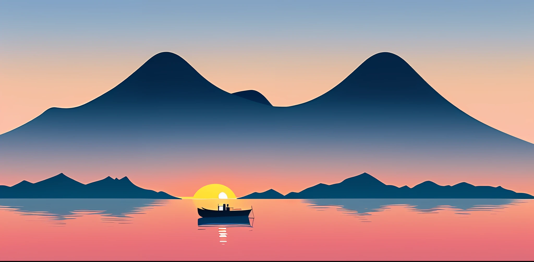 a cartoon of a boat sailing on a lake near a mountain, sunset illustration, landscape illustration, chillhop, simple and clean illustration, digital illustration, animation illustrative style, inspired by Emiliano Ponzi, sunset mood, james gilleard artwork, inspired by James Gilleard, detailed digital illustration, blurred and dreamy illustration, adobe illustrator art, flat illustration