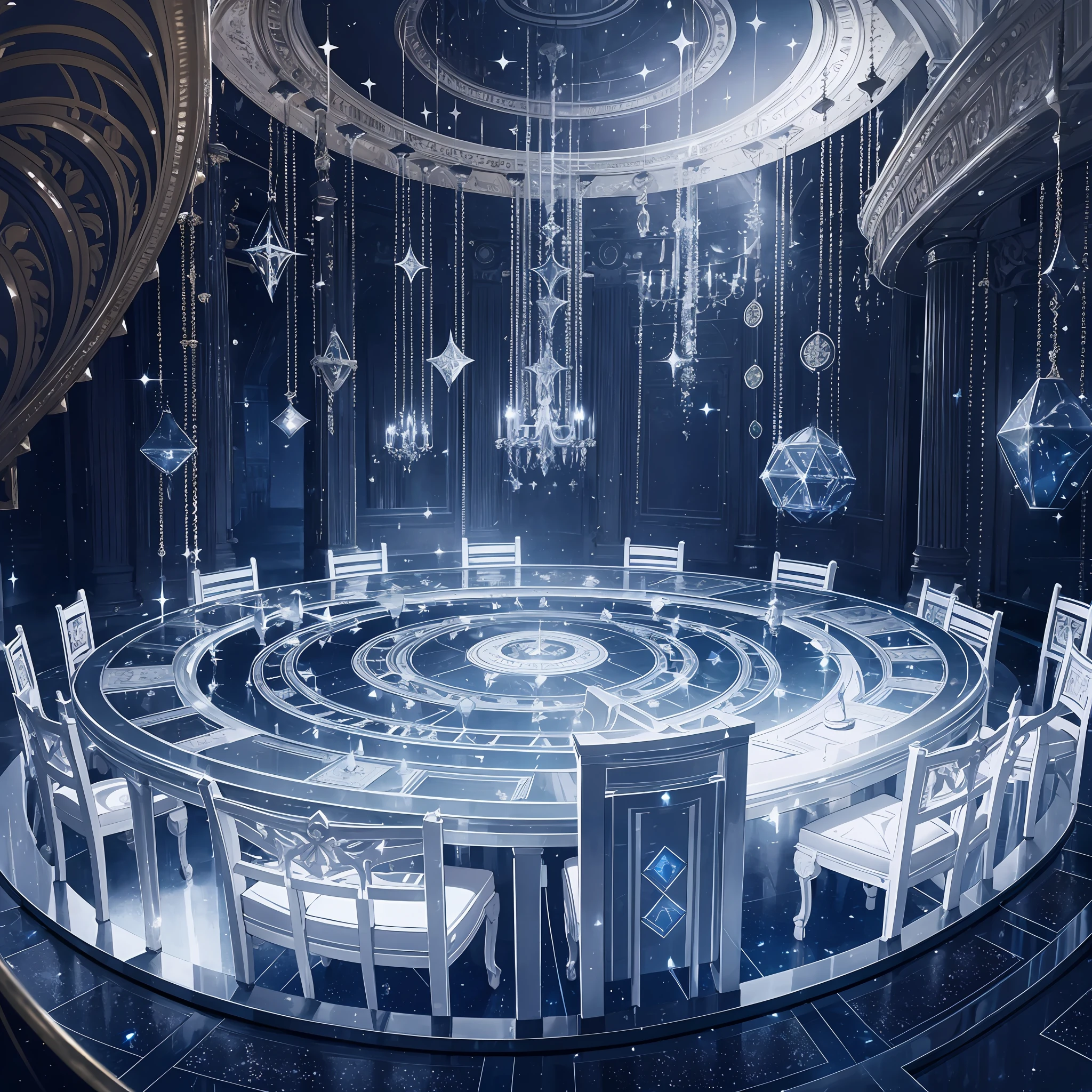 A palace in the middle of the abyssal darkness, where in the center to a table with 12 chairs, to stars and Galaxiax in the sky, the floor is pure mist, to a chair in the center . and a giant bottom gate --auto --s2