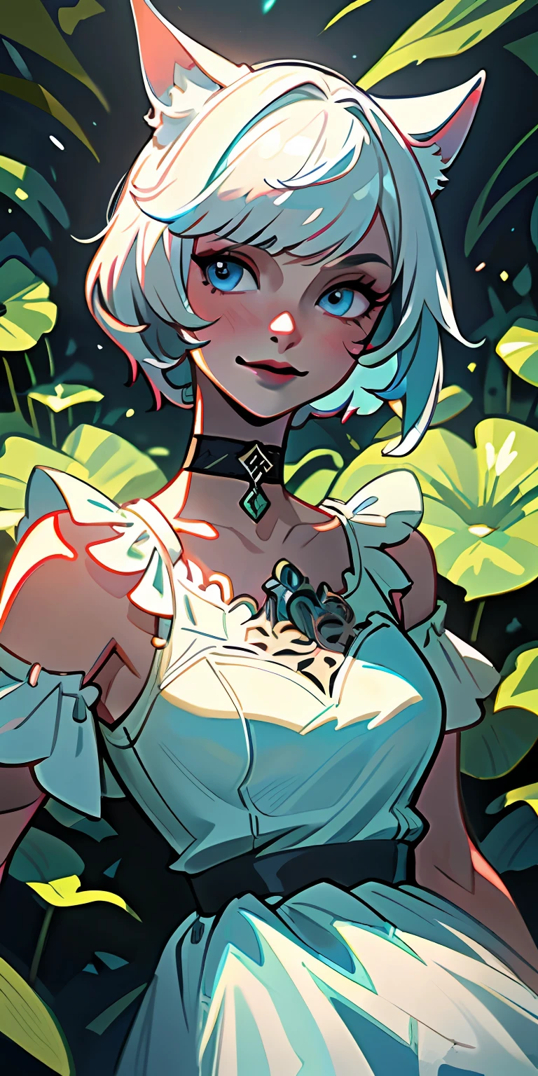 (masterpiece:1.2, best quality), (real picture, intricate details), (1lady, solo, upper body:1.2), big tits, colorful garden, A small pond shimmers in the sunlight, its surface dotted with lily pads, short length hair, Minimal dark makeup, Face close-up, Smile, white hair, blue eyes, cat ears, (((white dress))), (black lipstick), miqote, final fantasy xiv, ((seductive)), nipple outline, ((bangs)), choker