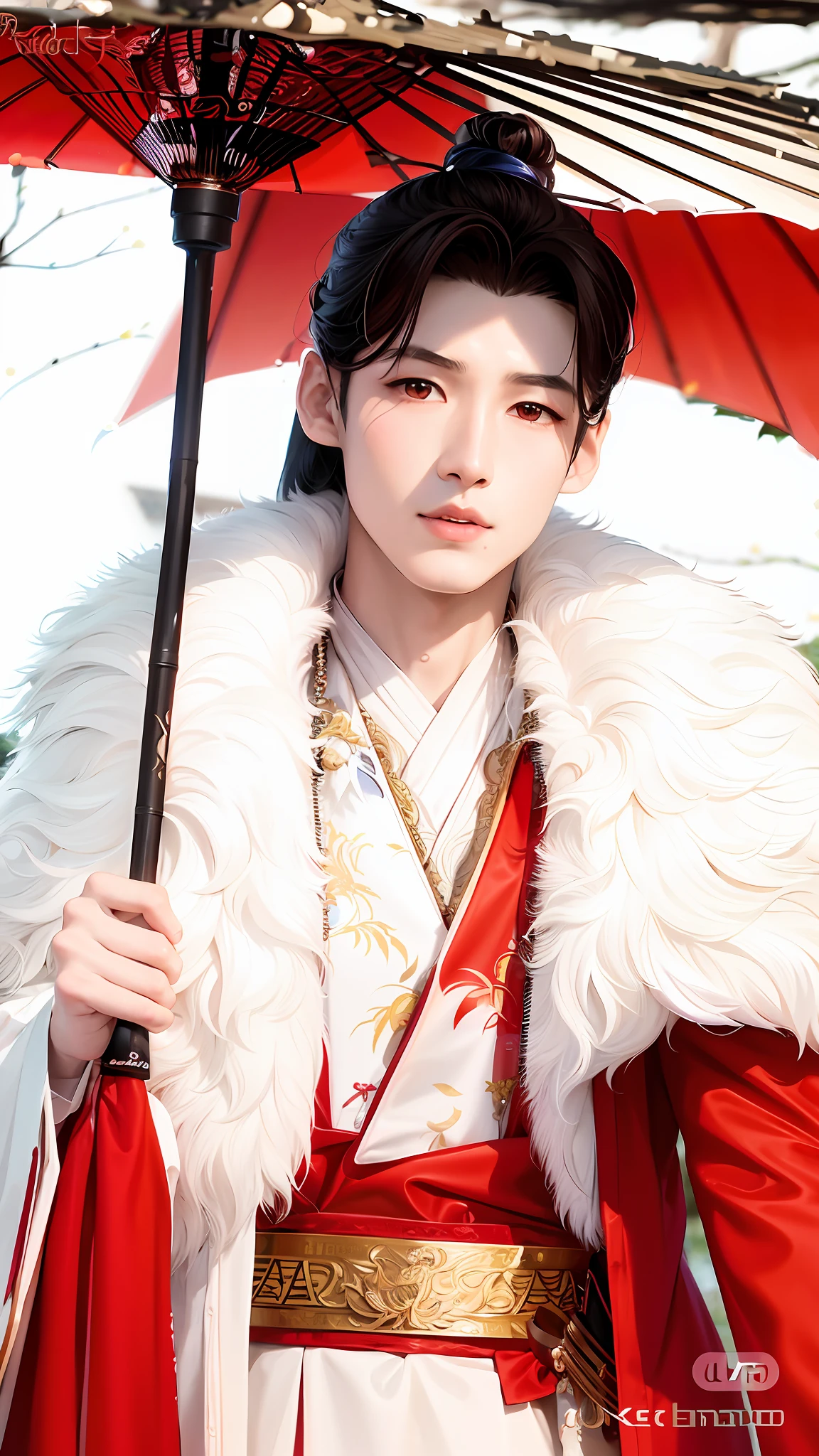 Asian man wearing white coat and red underwear and holding an umbrella, Cai Xukun inspired by Zhang Han, Kurose Jinyao, beautiful hermaphroditic prince, inspired by Bian Shoumin, exquisite hermaphroditic prince, handsome prince, inspired by Wu Zhun Shifan, inspired by Zhang Senyao, inspired by Huang Gongwang