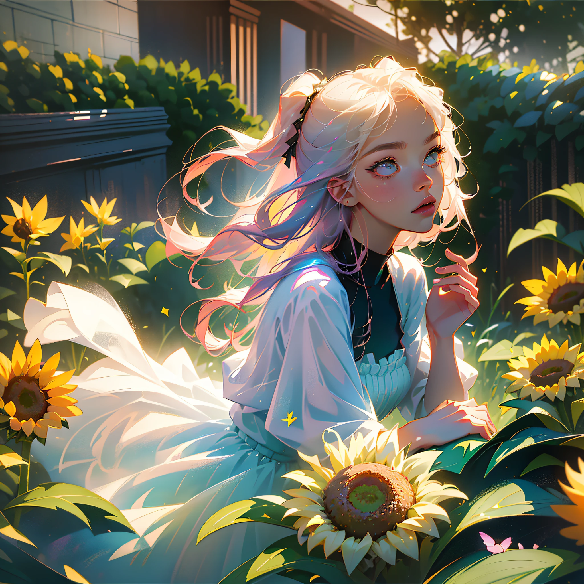 (mobile wallpaper) (masterpiece, better quality), blurred foreground, (better lighting, better shadow, an extremely delicate and beautiful), (emphasis on the face), dynamic lighting, (dramatic pose), (volumetric light), (flowery garden in the background), (sunflower), (pink hair:1.3, white clothes:0.9), (art with pastel colors, super light colors), (mobile wallpaper style)
