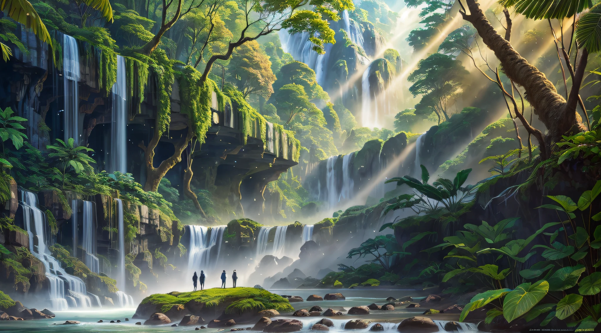 painting of a waterfall with people standing on rocks in the foreground, james gurney and andreas rocha, anime scenery concept art, detailed scenery —width 672, anime nature, 8k stunning artwork, andreas rocha style, anime landscape, 2. 5 d cgi anime fantasy artwork, anime landscape wallpaper, 4k highly detailed digital art, beautiful anime scenery