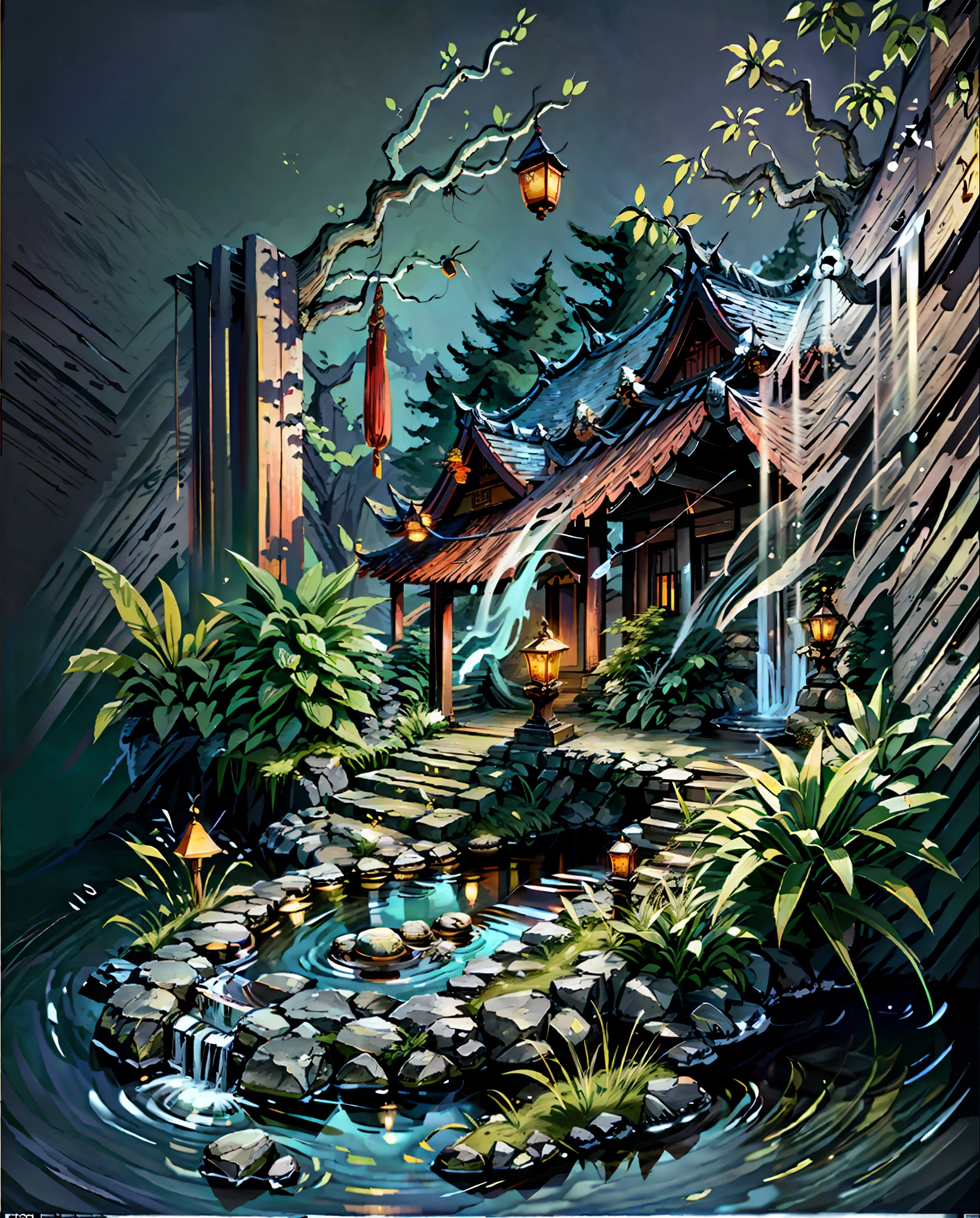 Ancient Chinese architecture, garden, bamboo, lake, stone bridge, rockery, arch, corner, rockery, tree, flowing water, landscape, outdoor, waterfall, meadow, rock, water lily, stream, lotus, moon, night view, hot springs, water vapor, (illustration: 1.0), epic composition, realistic lighting, high-definition detail, masterpiece, best quality, (very detailed CG unified 8k wallpaper), (best quality)