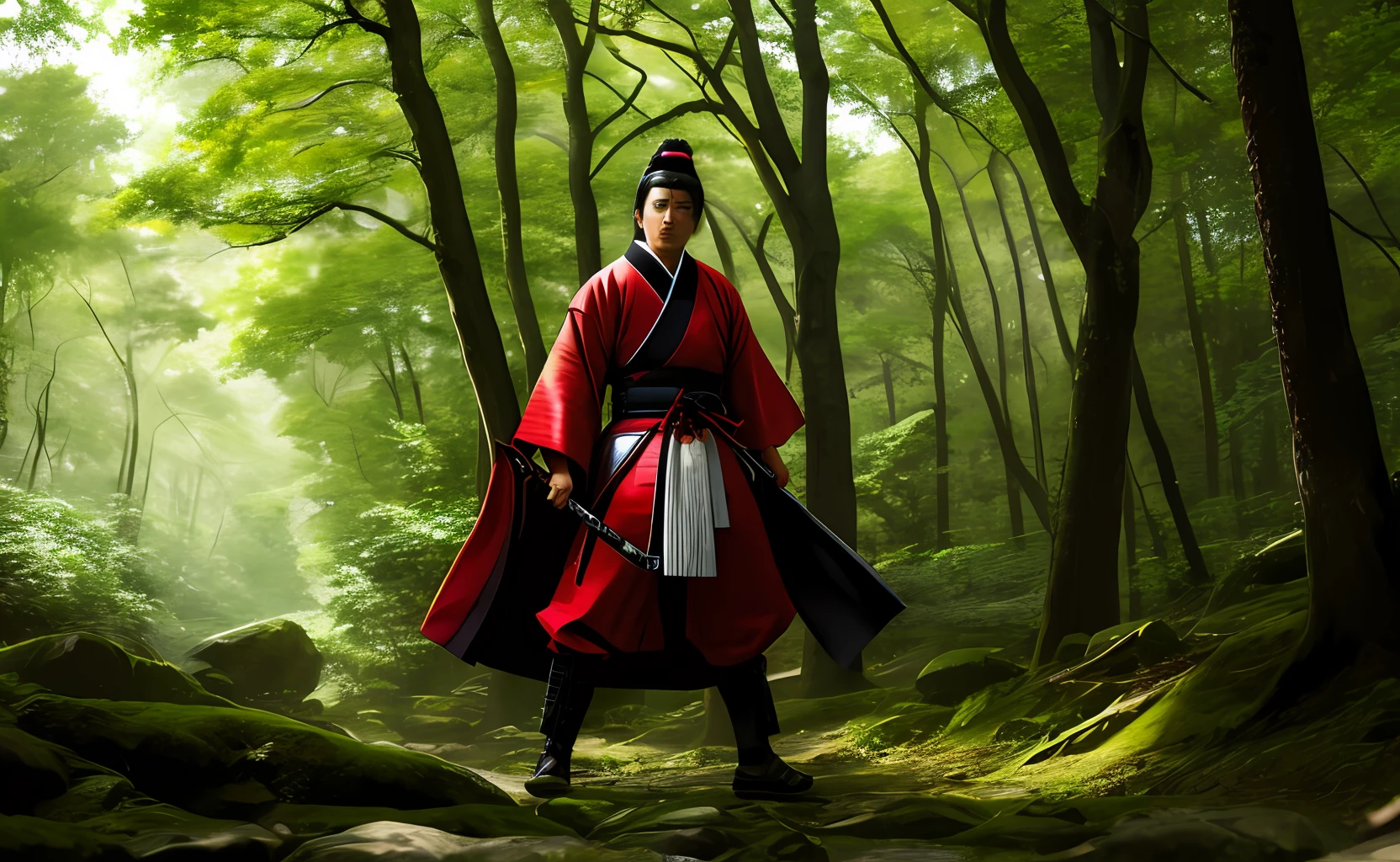 High Resolution Images of an Anime-Like Samurai in the Forest