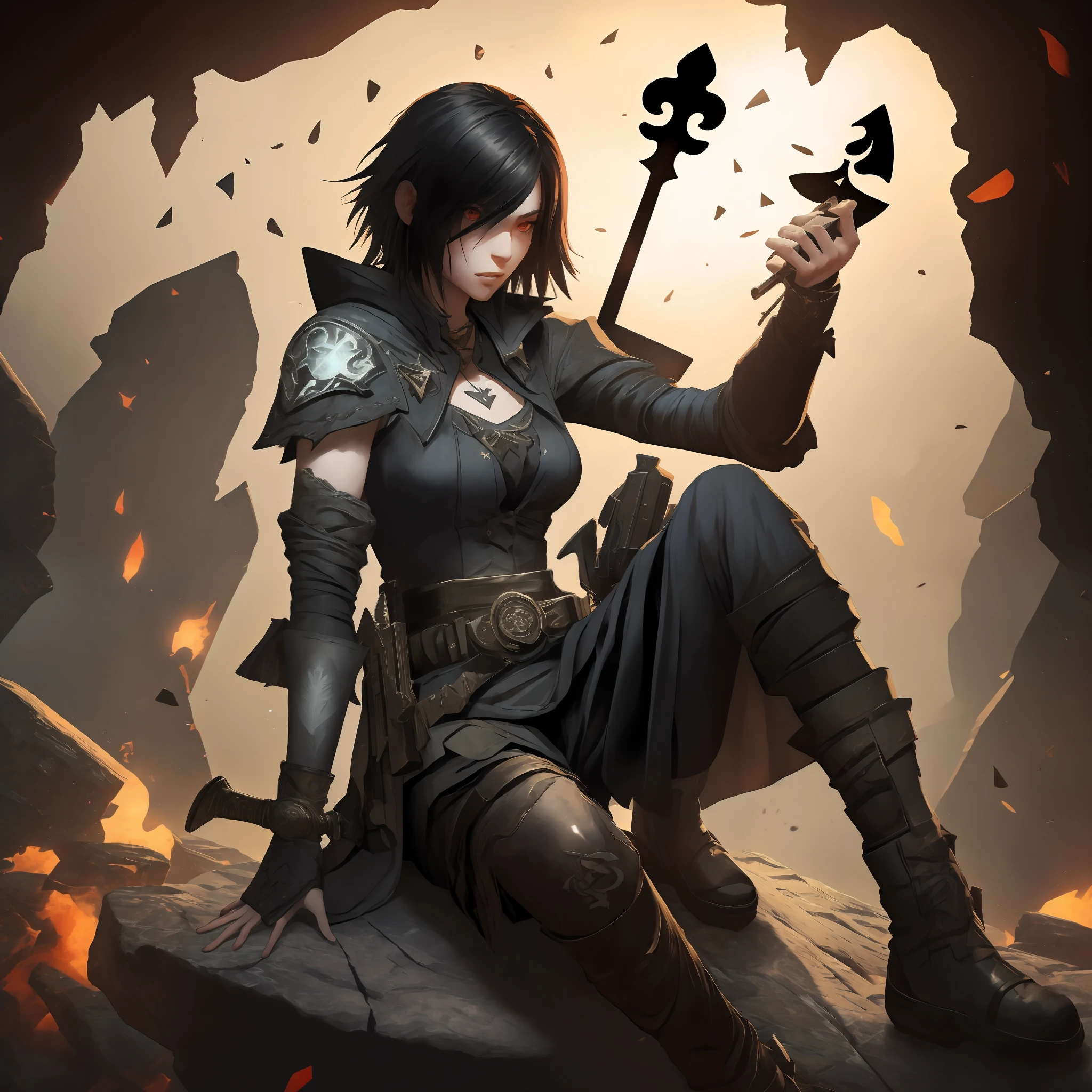 Female magician, fate 2. Sitting on a rock holding hand cannon ace of spades. Destiny 2nd game. Background destroyed. Dramatic light. Dark. Black hair. Tunica.