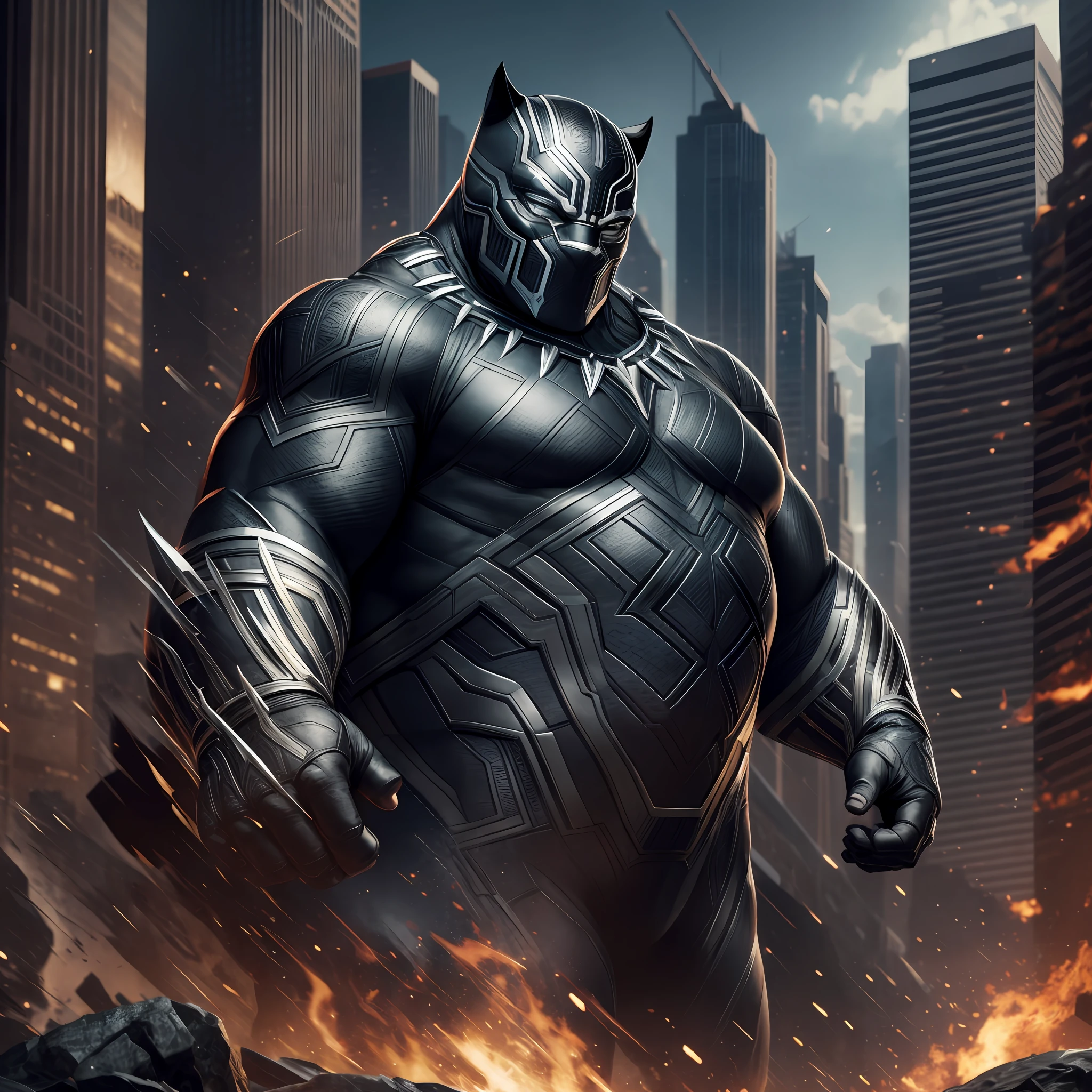 1 fat man, Black Panther,charachter, beautiful, devian art, trending artstation, digital art, detailed, realistic,fat Black Panther from marvel movie,character,cinematic sho ,cinematic lights, superman, high textures, high resolution, dreamlikeart, 8k, highly detailed