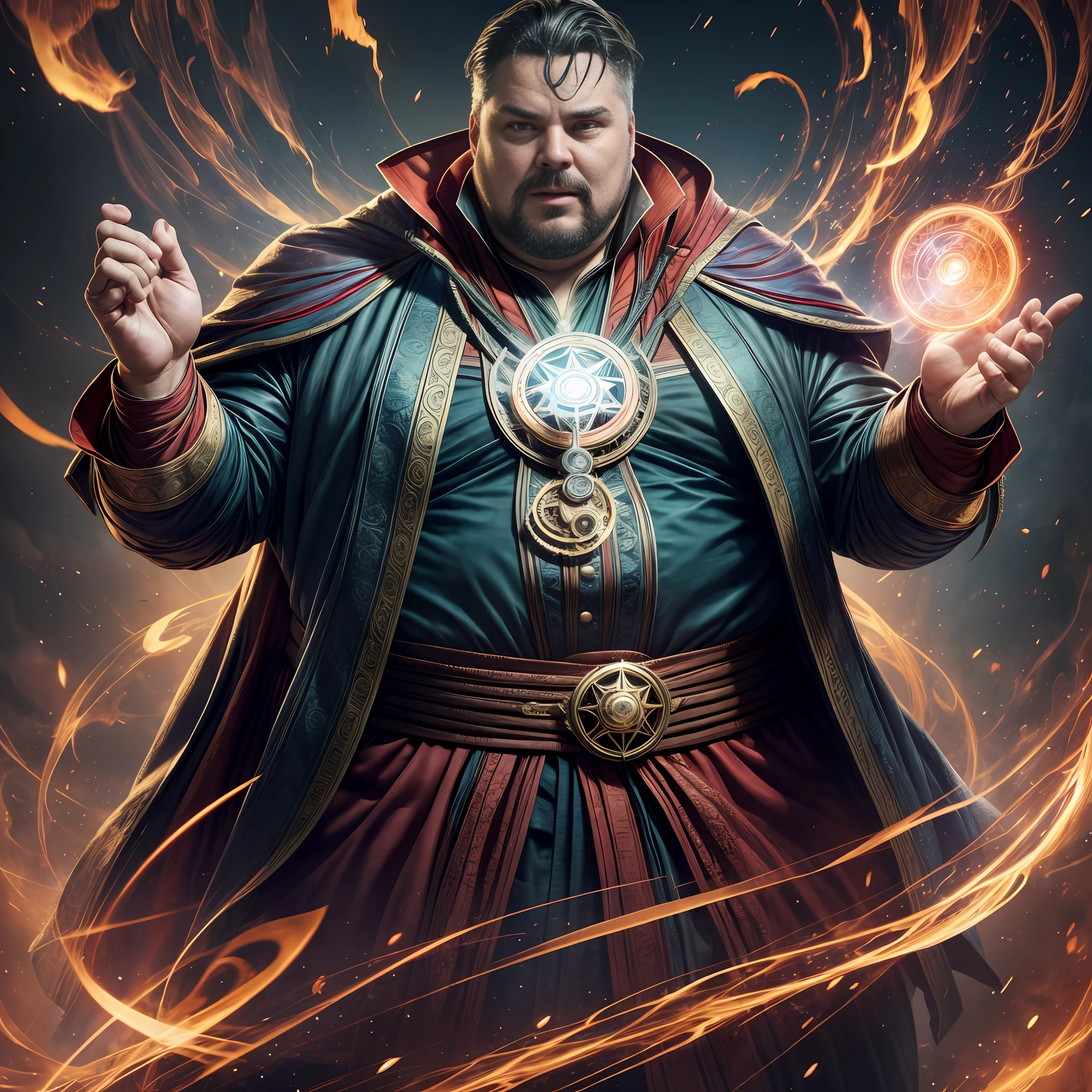 1 fat man, Doctor Strange,charachter, beautiful, devian art, trending artstation, digital art, detailed, realistic,fat Doctor Strange from marvel movie,character,cinematic sho ,cinematic lights, superman, high textures, high resolution, dreamlikeart, 8k, highly detailed