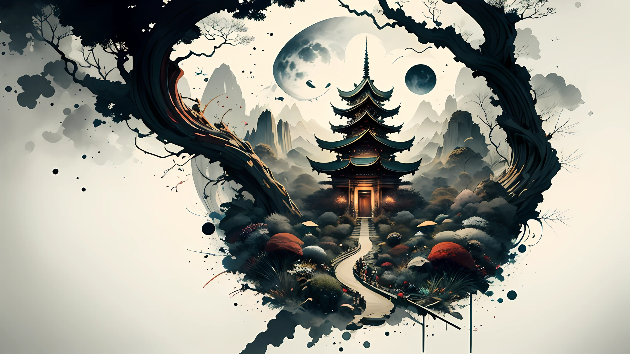 Absurd, high resolution, ultra-detailed, (1 girl:1.3), broken, design a beautiful temple scene, intricate architecture, lush gardens, and a sense of peace and spirituality. Broken, creating an image of a destructive demon with terrifying features, dark powers, and a thirst for chaos and destruction. Broken, designed with a fisheye effect image that captures a wide field of view with a unique curved viewing angle. Break to create rooftop views in urban environments with panoramic cityscapes, dramatic skylines, and a sense of elevation. Break , illustrating the tender moments between parents and children, capturing their bonds, love, and connection. Broken, using pointillism to illustrate images, carefully placed tiny dots of color to create a cohesive and visually stunning whole.